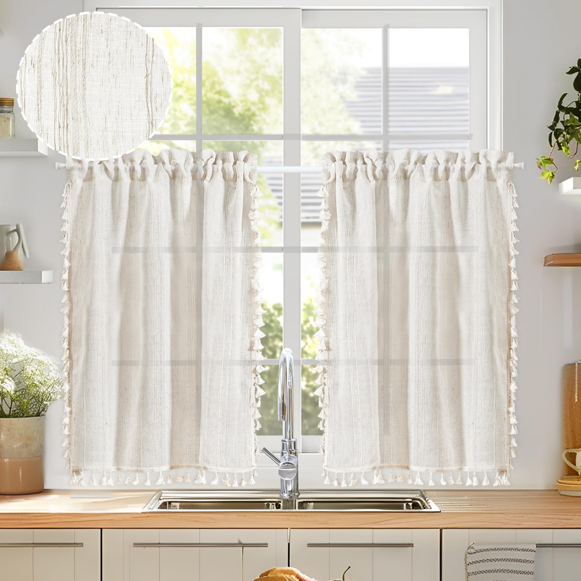 Natural Farmhouse Cafe Tier Curtains, 2 Panels