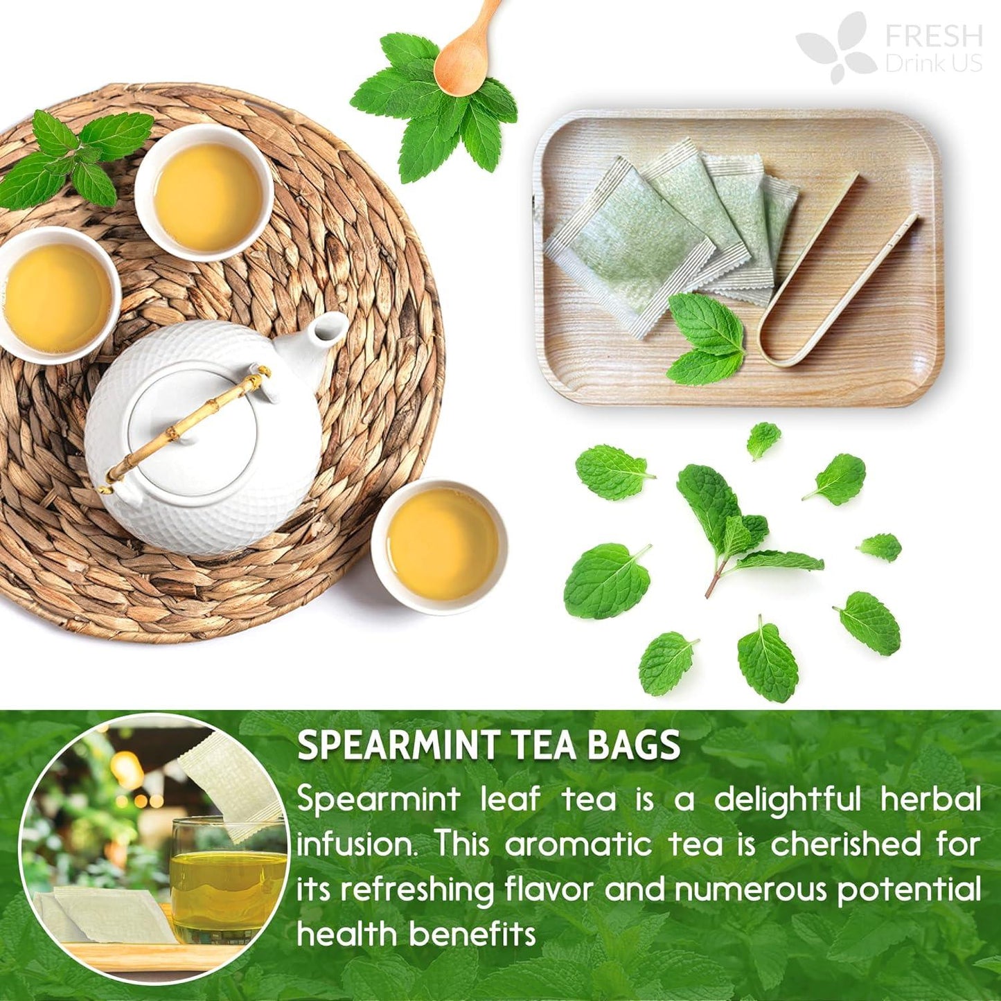 Spearmint Tea Bags, 100% Natural & Pure Spearmint Leaves. Loose Leaf Spearmint Herbal Tea. Spearmint Leaf Tea. No Sugar, No Caffeine, No Gluten, Vegan.