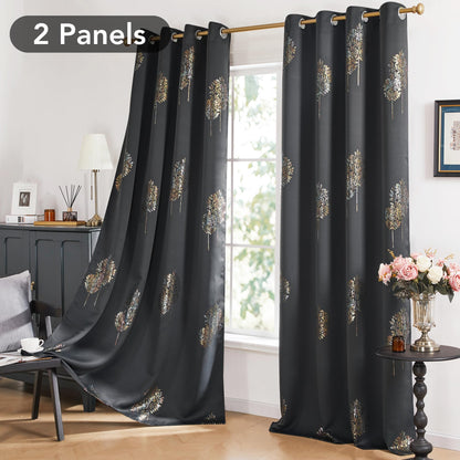 Room Darkening Curtains with Line Foil Print, Navy Blue, 2 Panels