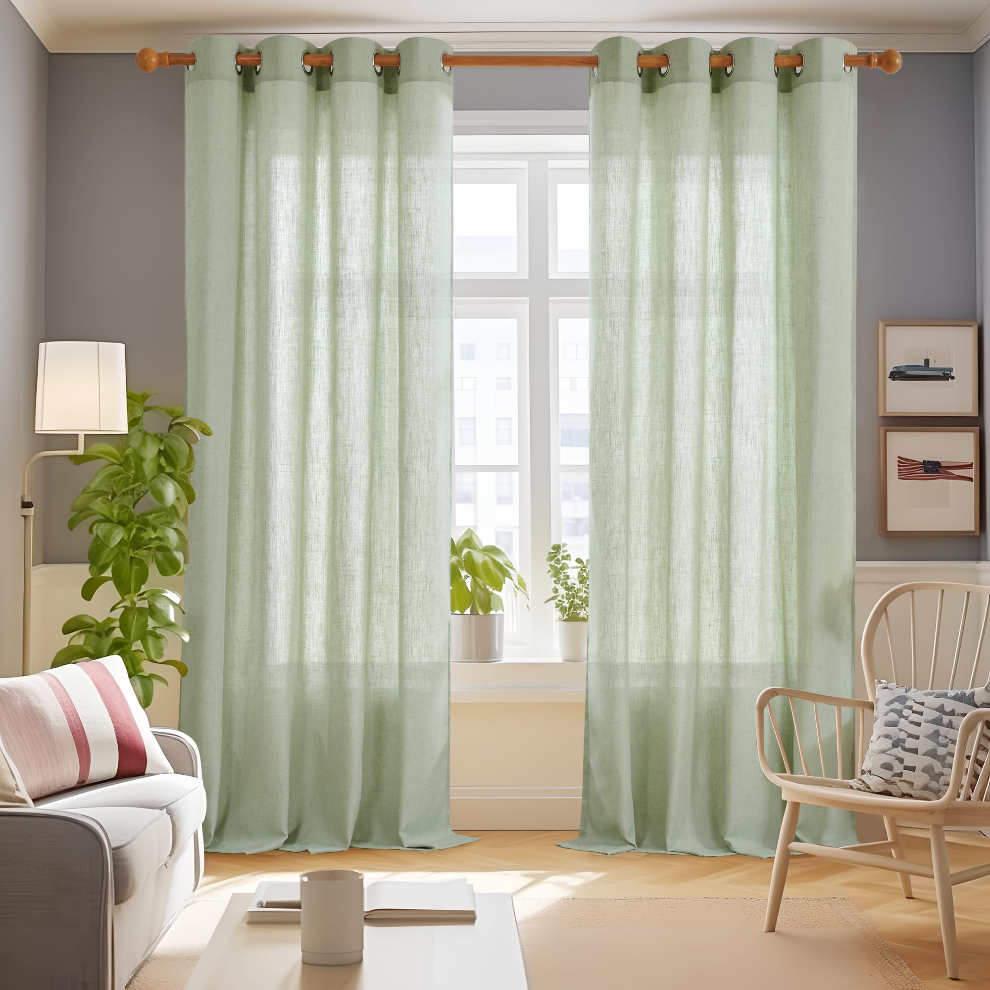 Linen Look Boho Semi-Sheer Curtains, 52x63 Inch, 2 Panels