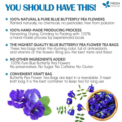 Premium Butterfly Pea Flowers, Tea Bags, 100% Natural and Pure from Butterfly Pea Flowers, Hand-made, Made With Natural Materials-Corn Fiber Tea Bag, Sugar/Caffeine/Gluten Free