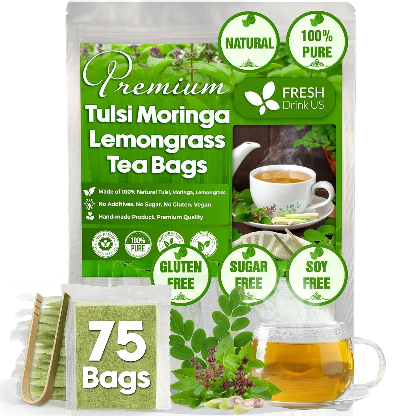 Premium Tulsi Moringa Lemongrass  Tea Bags, 100% Natural & Pure from Tulsi Holy Basil Leaves, Moringa & Lemongrass.