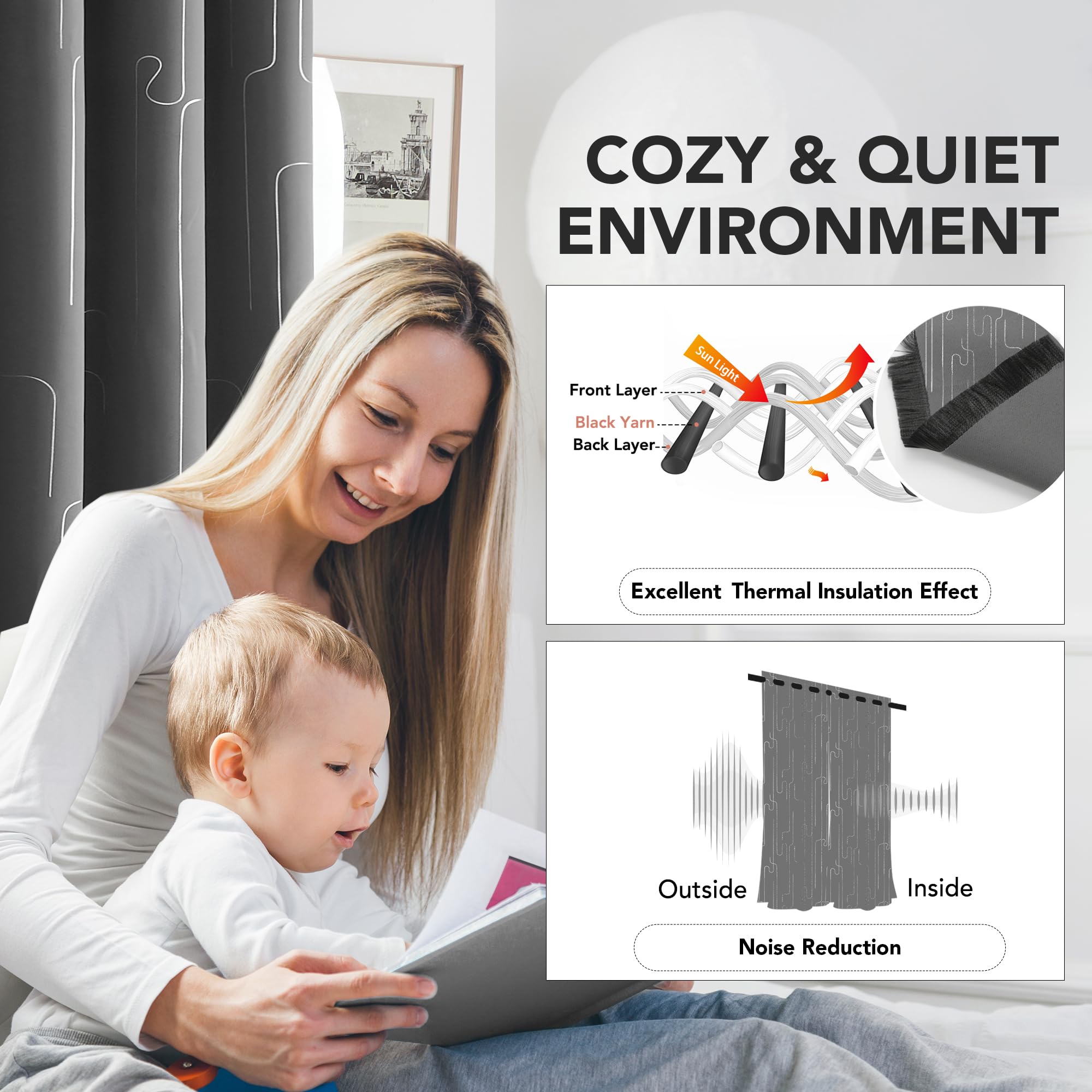 Room Darkening Curtains with Line Foil Print, Navy Blue, 2 Panels