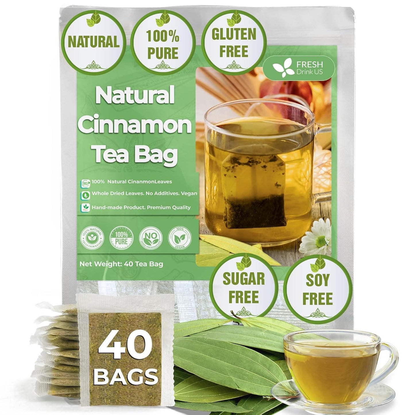 Natural Cinnamon Leaves, Whole Dried Cinnamon Leaves, Tea Bags, 100% Pure from Dried Cinnamon Leaves, Cinnamon Leaf Tea, No Additives, No Caffeine, Vegan