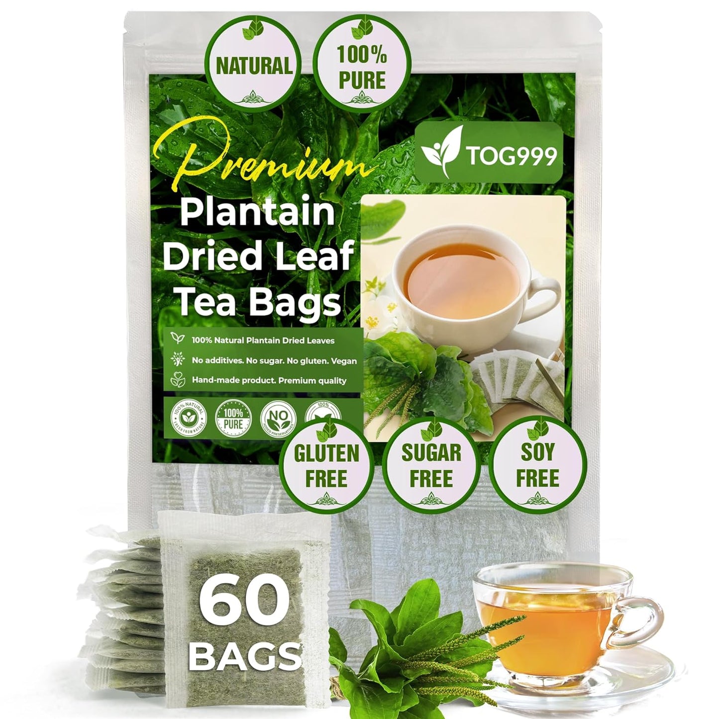 Plantain Leaf Tea Bags, 100% Natural & Pure Plantain Leaves. Loose Leaf Plantain Herbal Tea. Plantain Leaf Tea. No Sugar, No Caffeine, No Gluten, Vegan.