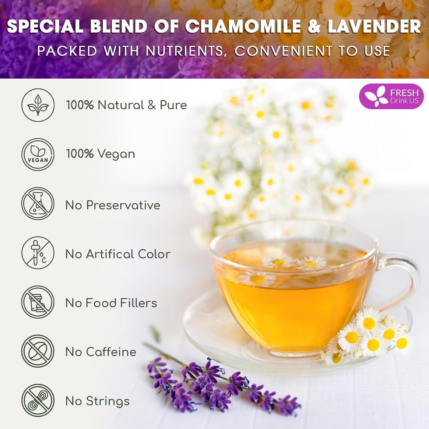 Premium Chamomile Lavender Tea Bags, Eco-conscious Tea Bags. No Sugar, No Caffeine, No Gluten, Vegan.