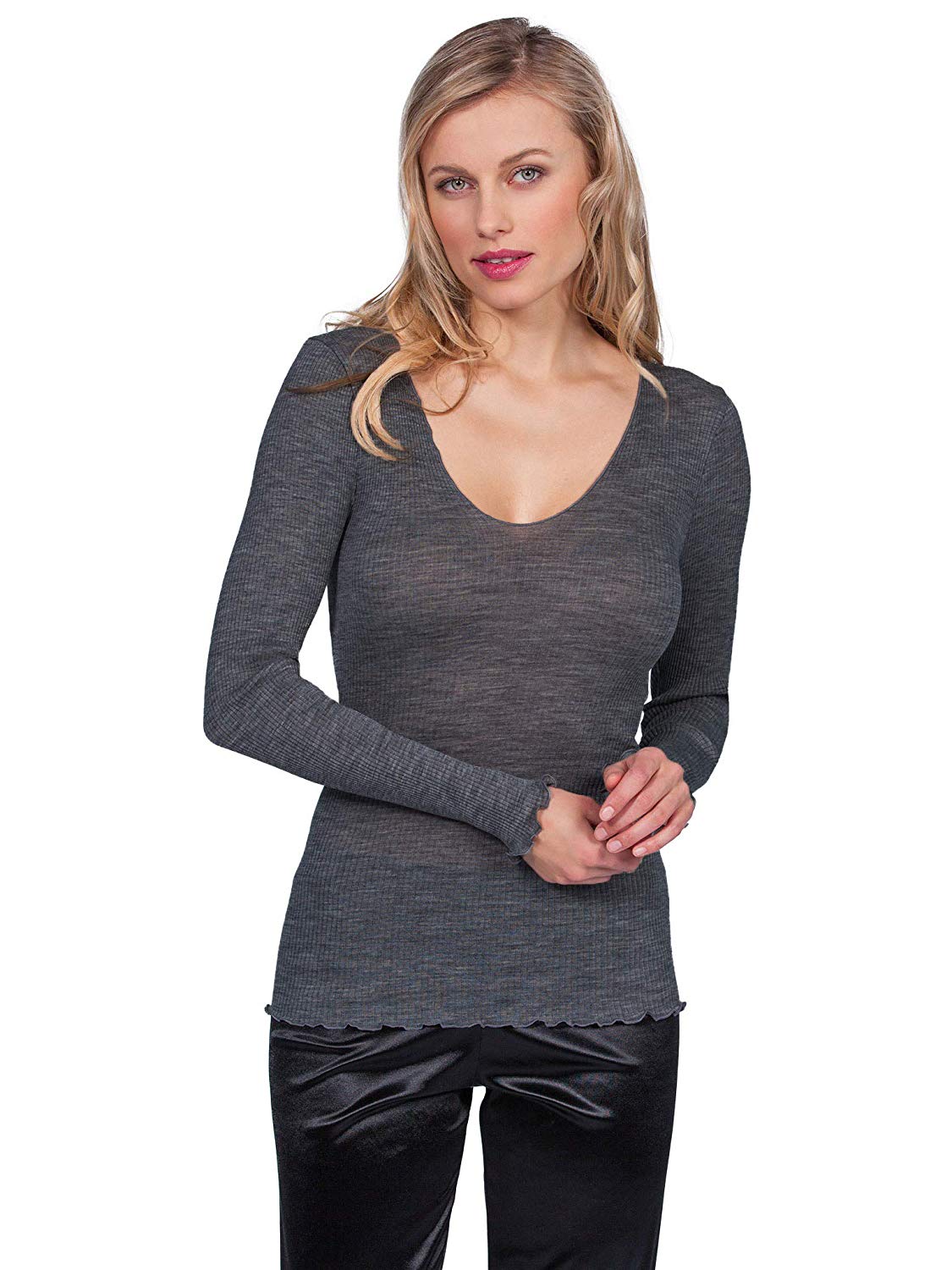 EGI Luxury Wool Silk V-Neck Long Sleeve Top. Proudly Made in Italy (1493)
