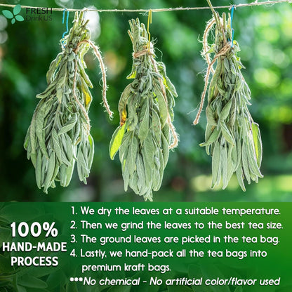 Sage Leaf Tea Bags, 100% Natural & Pure from Sage Leaves. Loose Leaf Sage Herbal Tea. Sage Leaf Tea. Made with Natural Material Tea Bags. No Sugar, No Caffeine, No Gluten, Vegan.