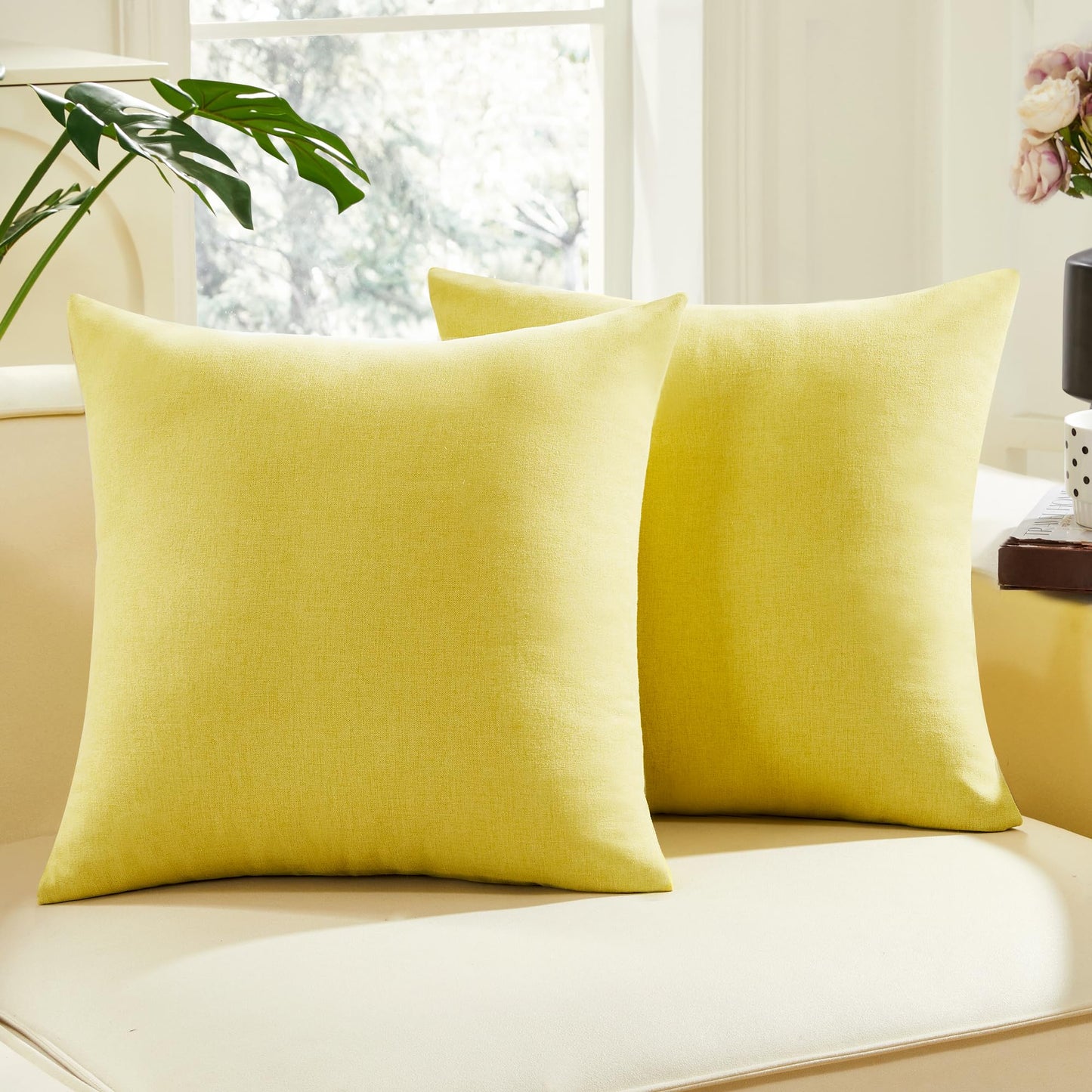 Faux Linen Pillow Covers, 16x16 Inch, Creamy White, 2PCS