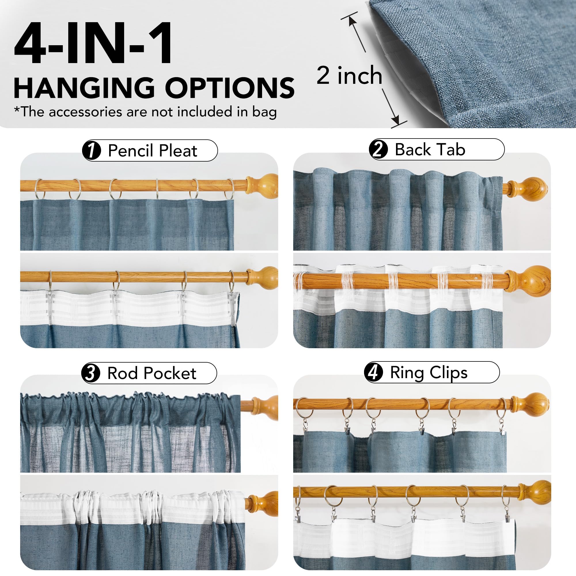 Light Filtering Linen Drapes, Back Tab & Rod Pocket