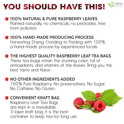 Raspberry Leaf Tea Bags, 100% Natural & Pure from Raspberry Leaves. Loose Leaf Raspberry Herbal Tea, Made with Natural Material Tea Bags, Raspberry Leaf Tea. No Sugar, No Caffeine, No Gluten, Vegan.