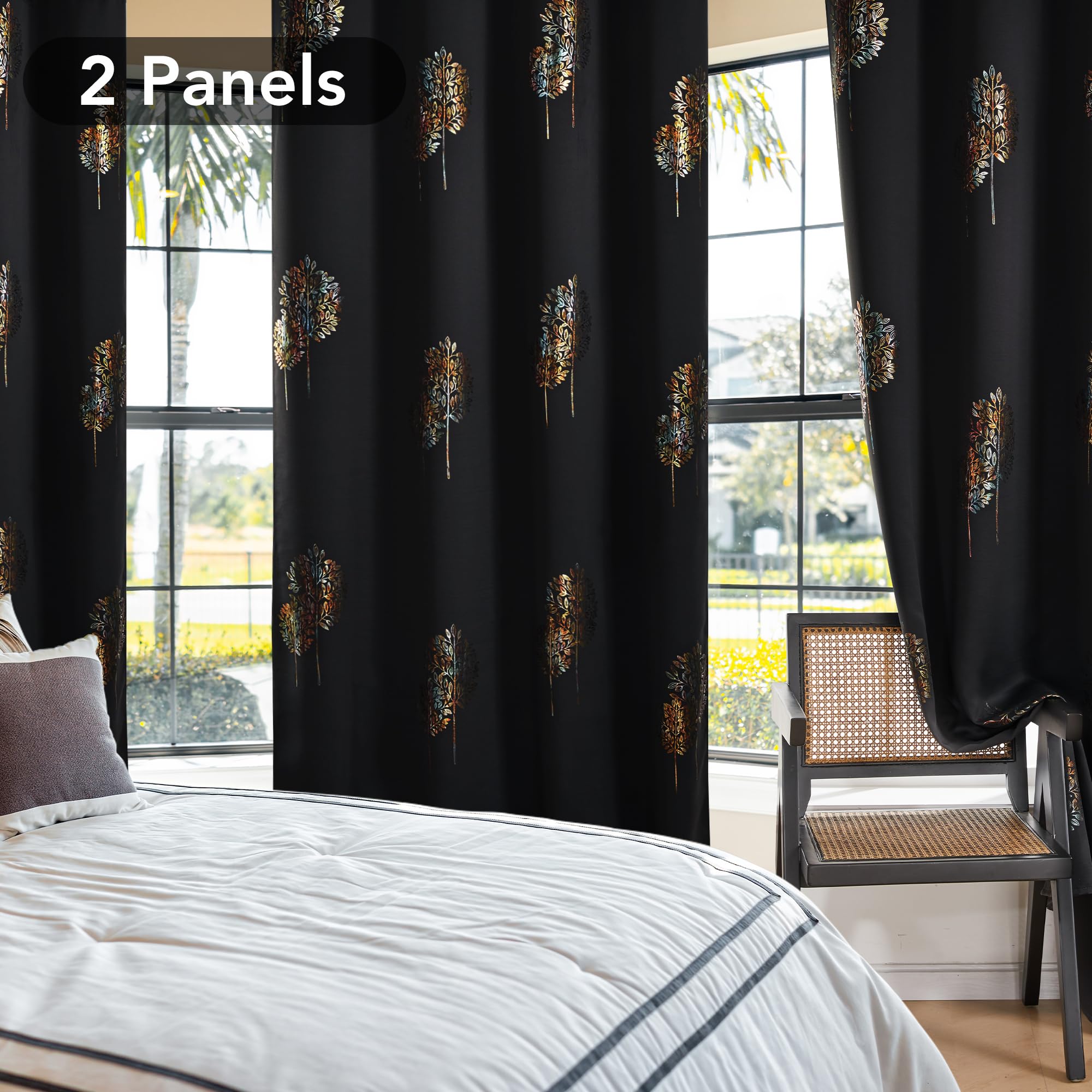 Room Darkening Curtains with Line Foil Print, Navy Blue, 2 Panels
