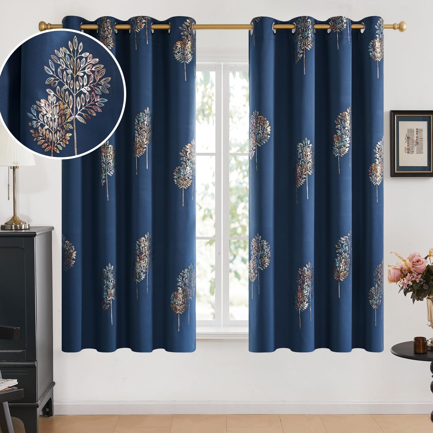 Room Darkening Curtains with Line Foil Print, Navy Blue, 2 Panels
