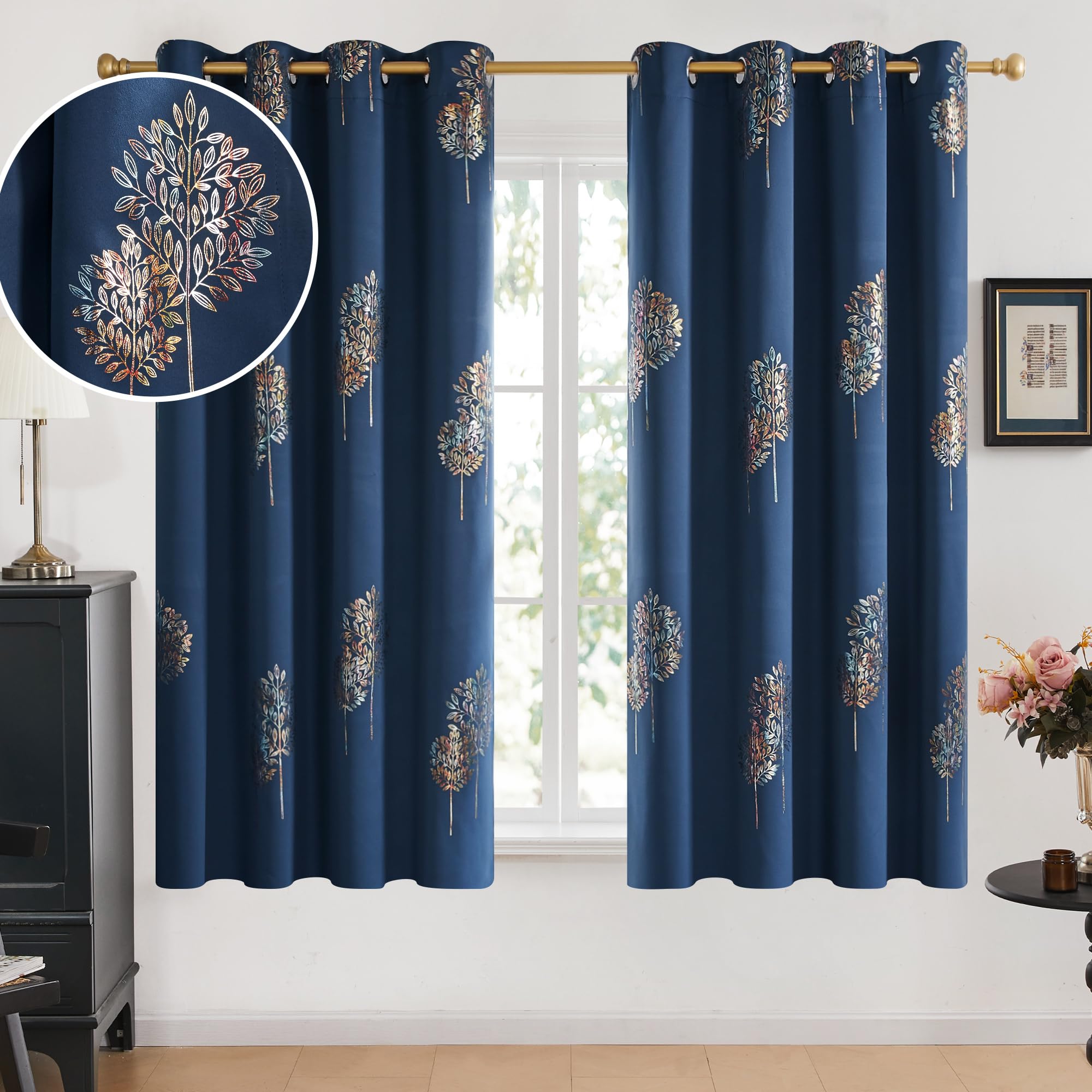Room Darkening Curtains with Line Foil Print, Navy Blue, 2 Panels