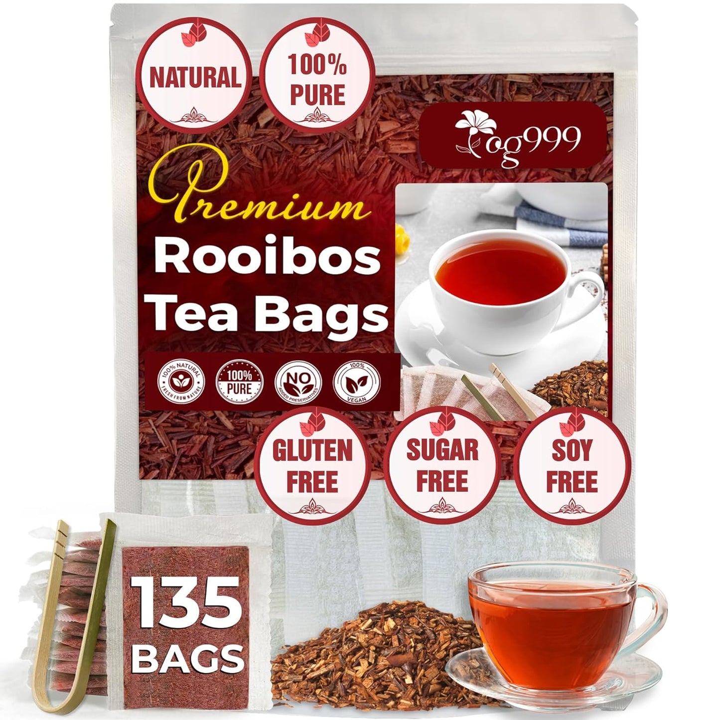Premium Red Rooibos Tea Bags, 100% Natural & Pure from Rooibos Tea Leaves. Loose Leaf Rooibos Herbal Tea. Made with Natural Material Tea Bags. No Sugar, No Caffeine, No Gluten, Vegan.