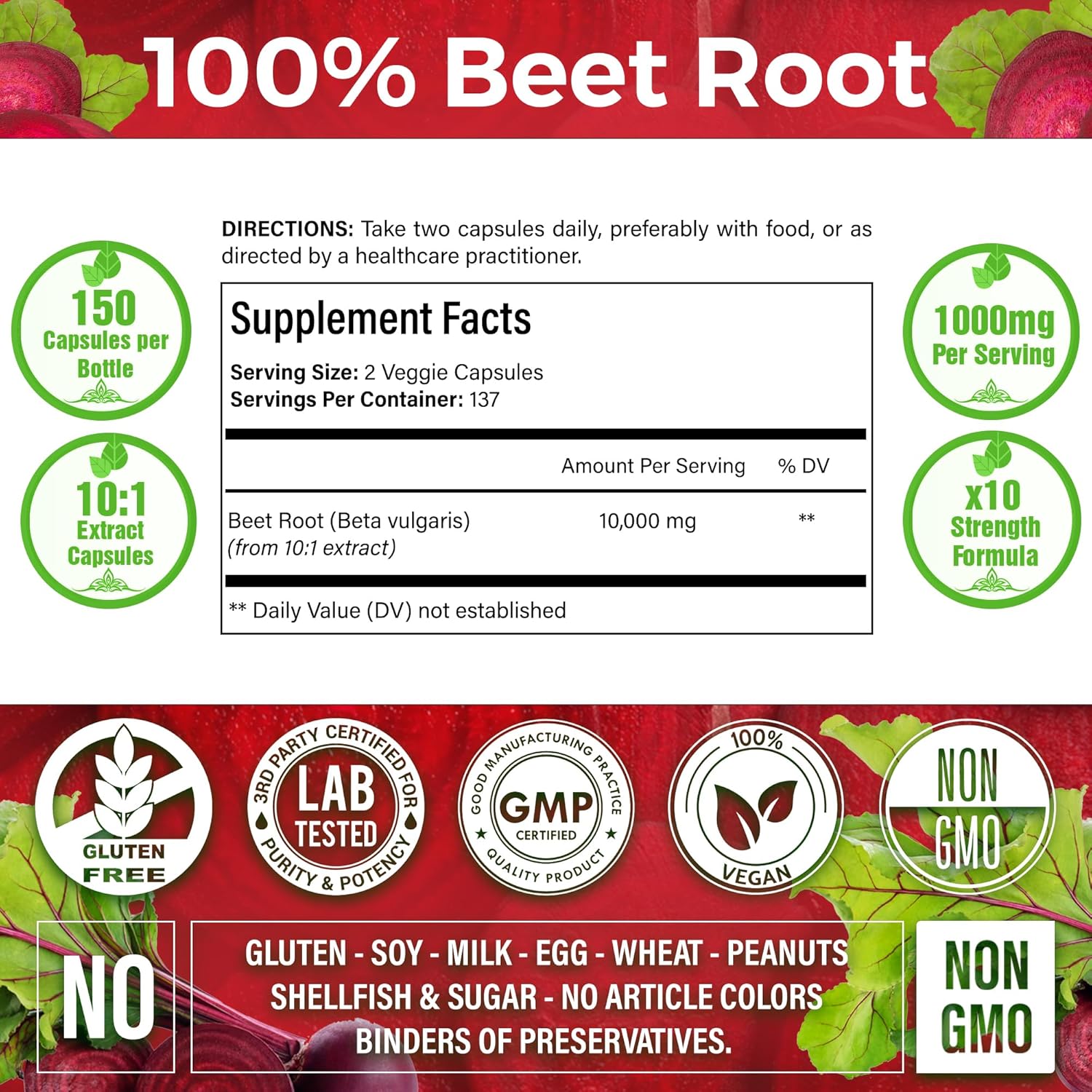 Beet Root Extract Capsules No Gluten, No Sugar, Vegan Capsules, High Concentrated Herbal Beet Root Extract.