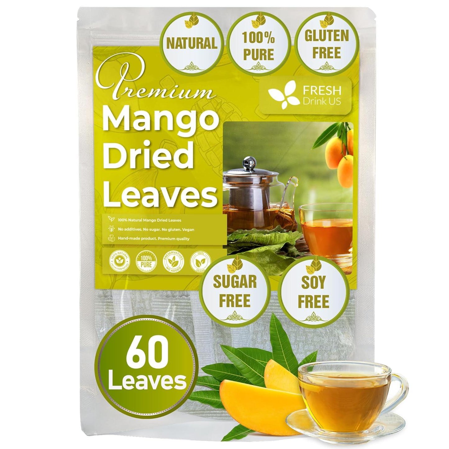Mango Leaf, Whole Dried Leaves, Tea Bags, Powder, 100% Natural & Pure from Mango Leaves. Mango Dried Leaves. Loose Leaf Mango Herbal Tea. Mango Leaf Tea. No Sugar, No Caffeine, No Gluten, Vegan.