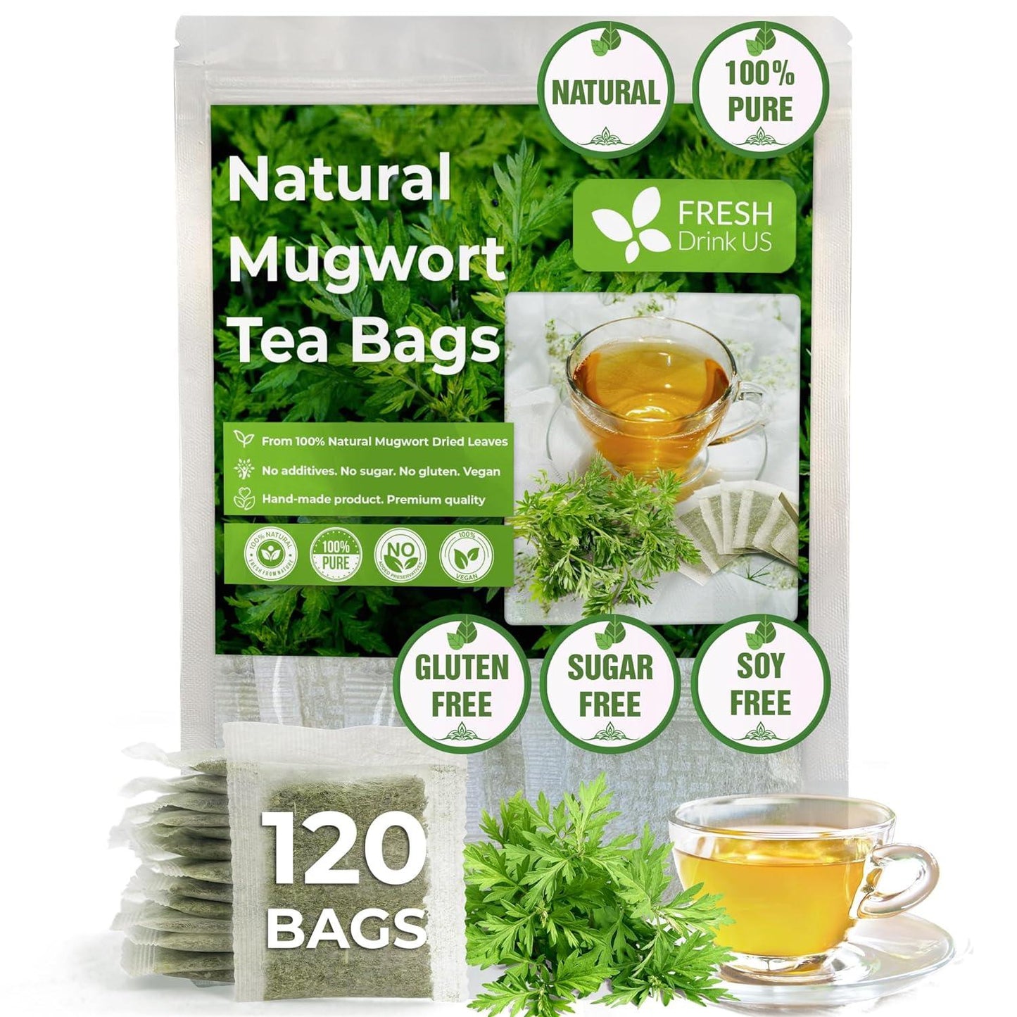 Mugwort Leaf Tea Bags, 100% Natural and Pure Mugwort Leaves, Loose Leaf Mugwort Herbal Tea, Mugwort Leaf Tea, No Sugar, No Caffeine, No Gluten, Vegan.