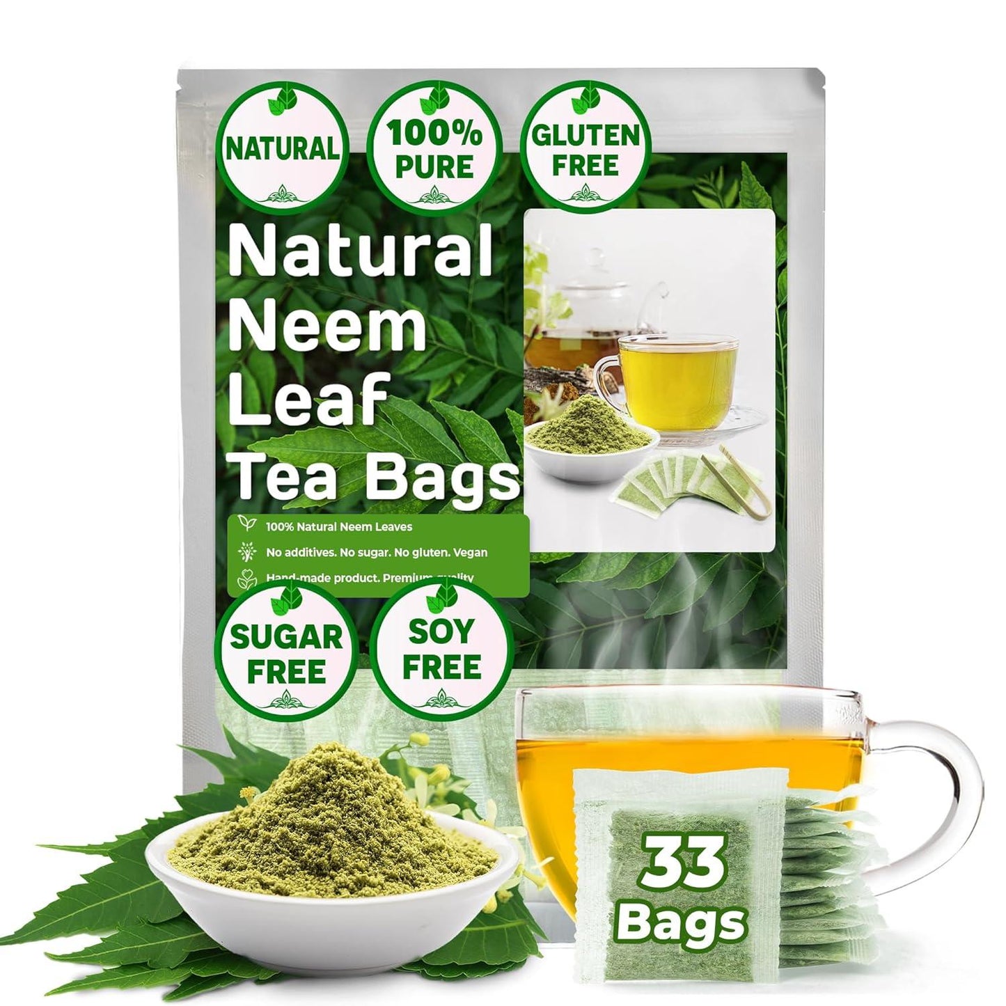 Neem Leaf Tea Bags, 100% Natural and Pure from Neem Leaves. Loose Leaf Neem Herbal Tea. Neem Leaf Tea. No Sugar, No Caffeine, No Gluten, Vegan.