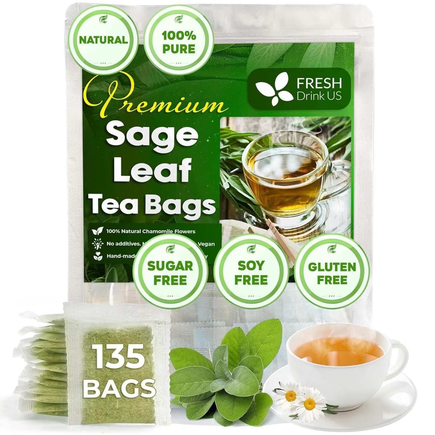 Sage Leaf Tea Bags, 100% Natural & Pure from Sage Leaves. Loose Leaf Sage Herbal Tea. Sage Leaf Tea. Made with Natural Material Tea Bags. No Sugar, No Caffeine, No Gluten, Vegan.