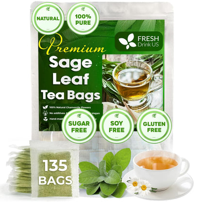 Sage Leaf Tea Bags, 100% Natural & Pure from Sage Leaves. Loose Leaf Sage Herbal Tea. Sage Leaf Tea. Made with Natural Material Tea Bags. No Sugar, No Caffeine, No Gluten, Vegan.
