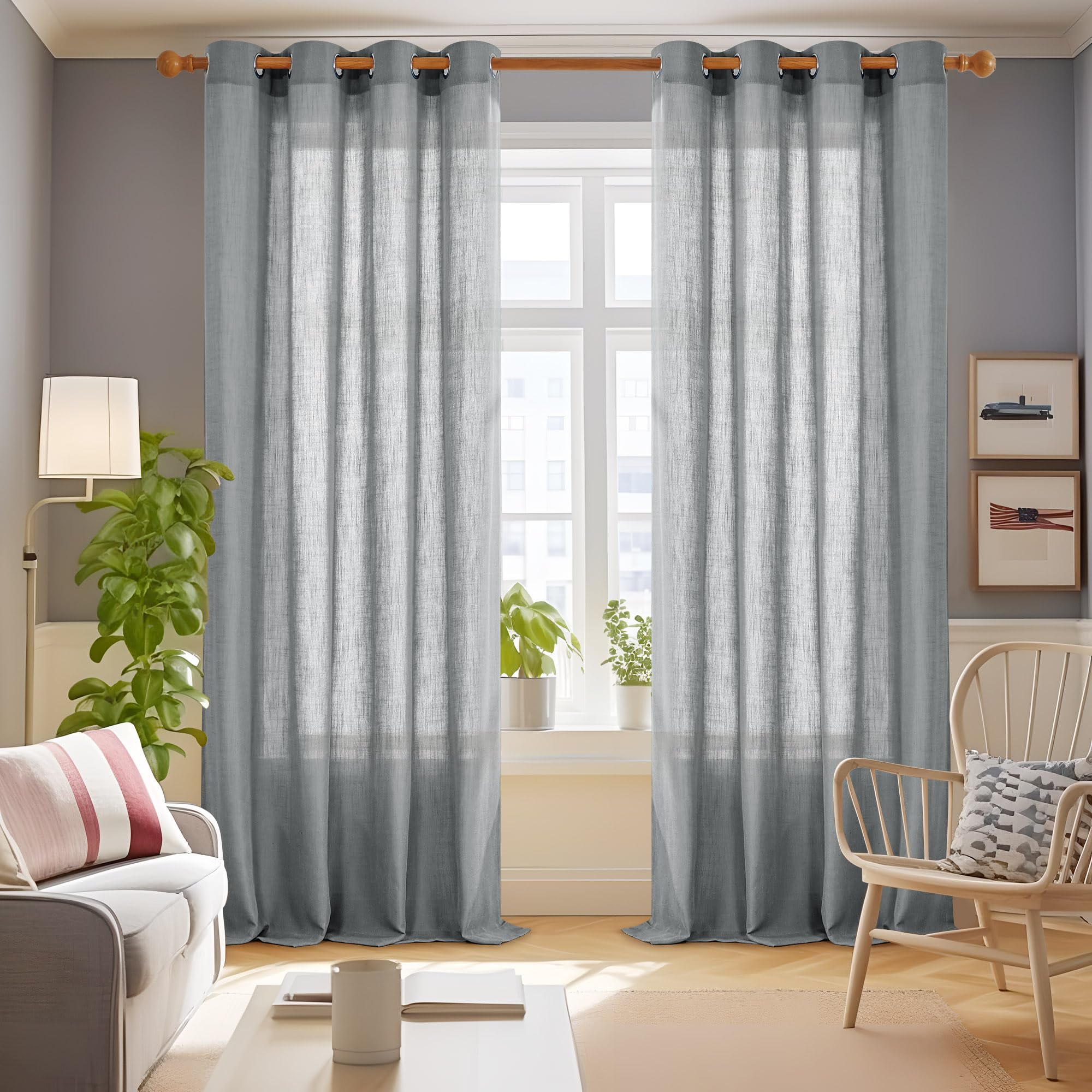 Linen Look Boho Semi-Sheer Curtains, 52x63 Inch, 2 Panels