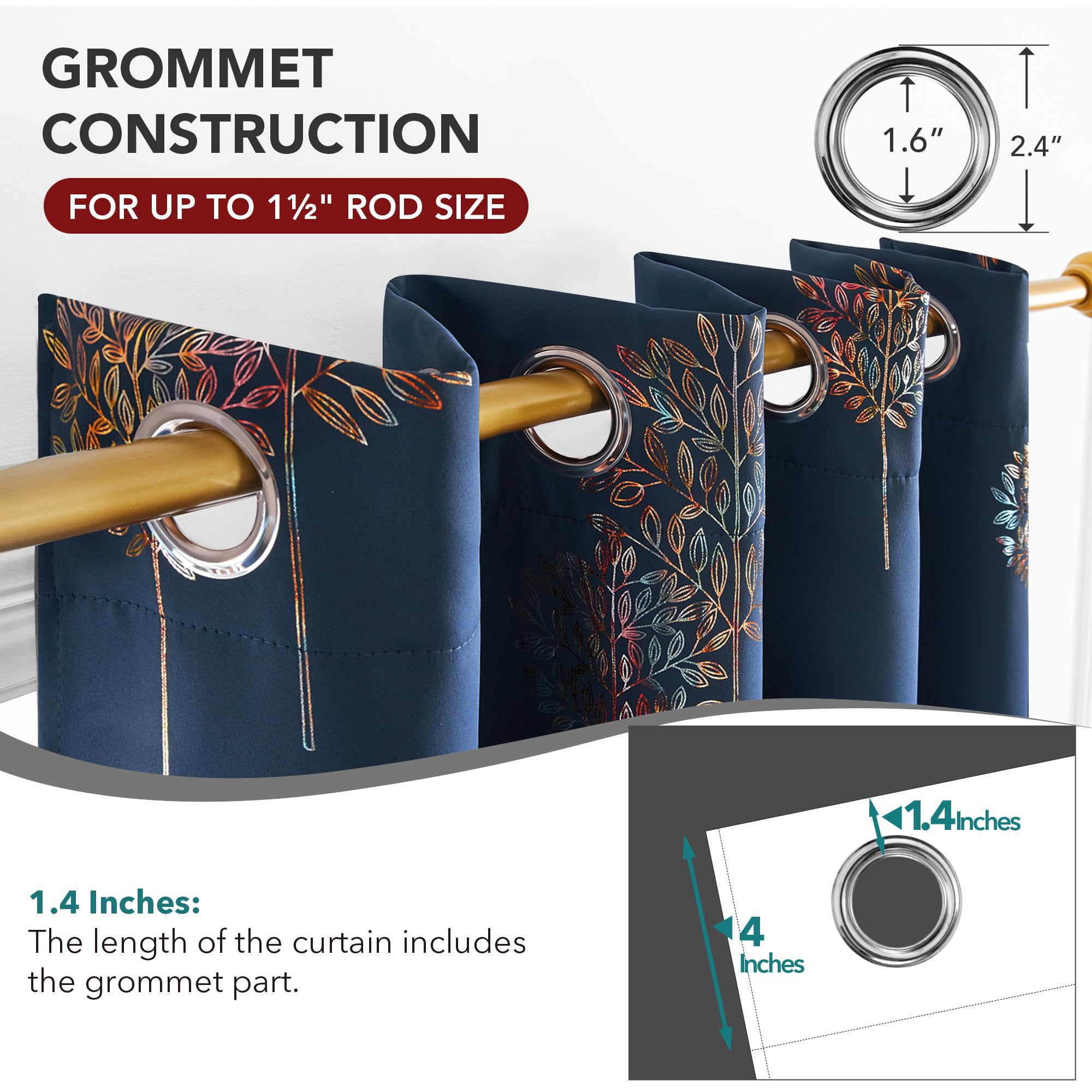 Room Darkening Curtains with Line Foil Print, Navy Blue, 2 Panels