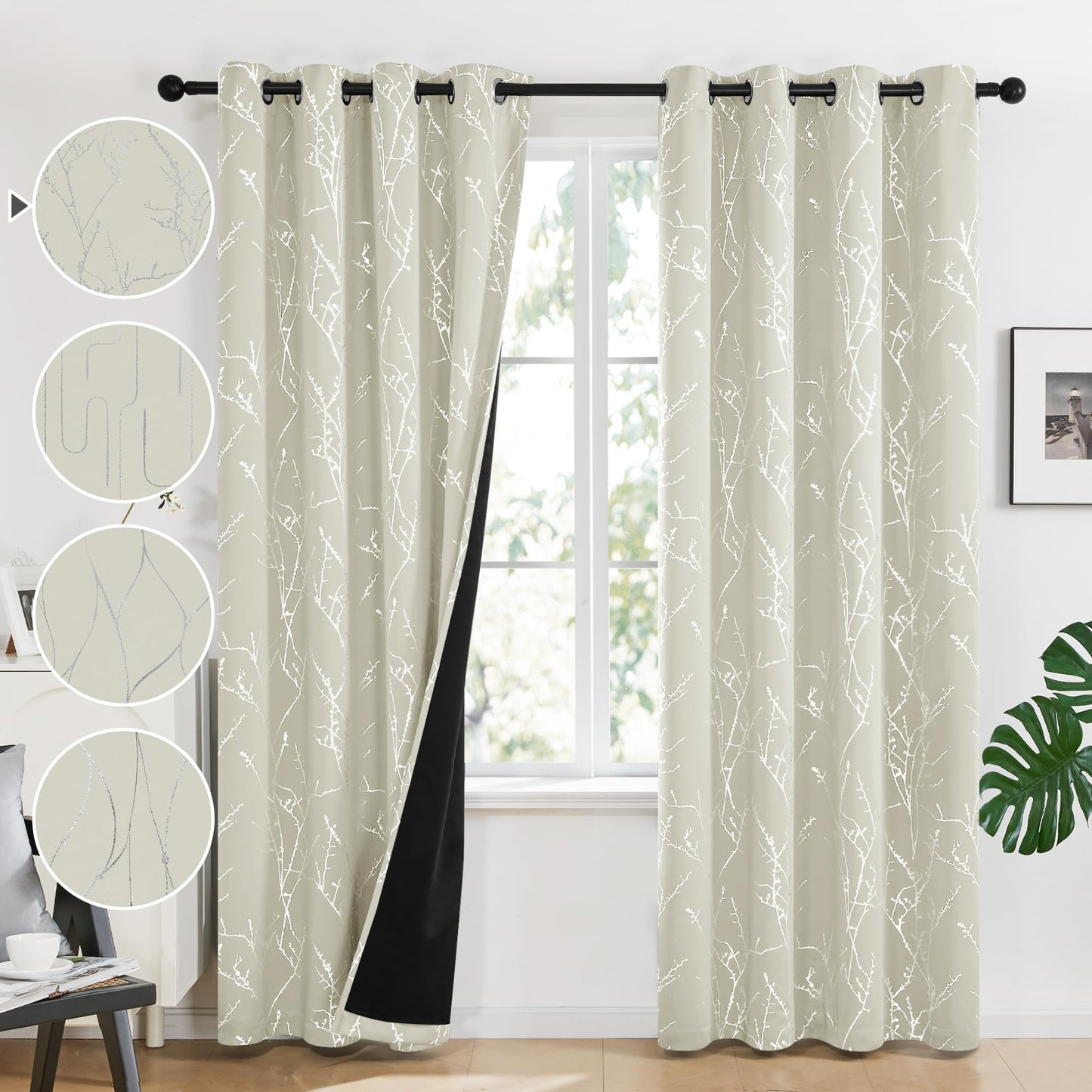Total Blackout Curtains with Silver Print, 2 Panels