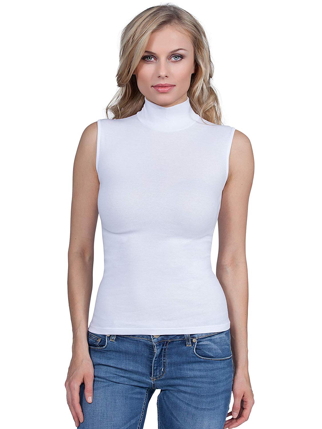 BASIC COTTON Free Spirit Premium Quality Cotton Women's Turtleneck Sleeveless Top Made in Italy