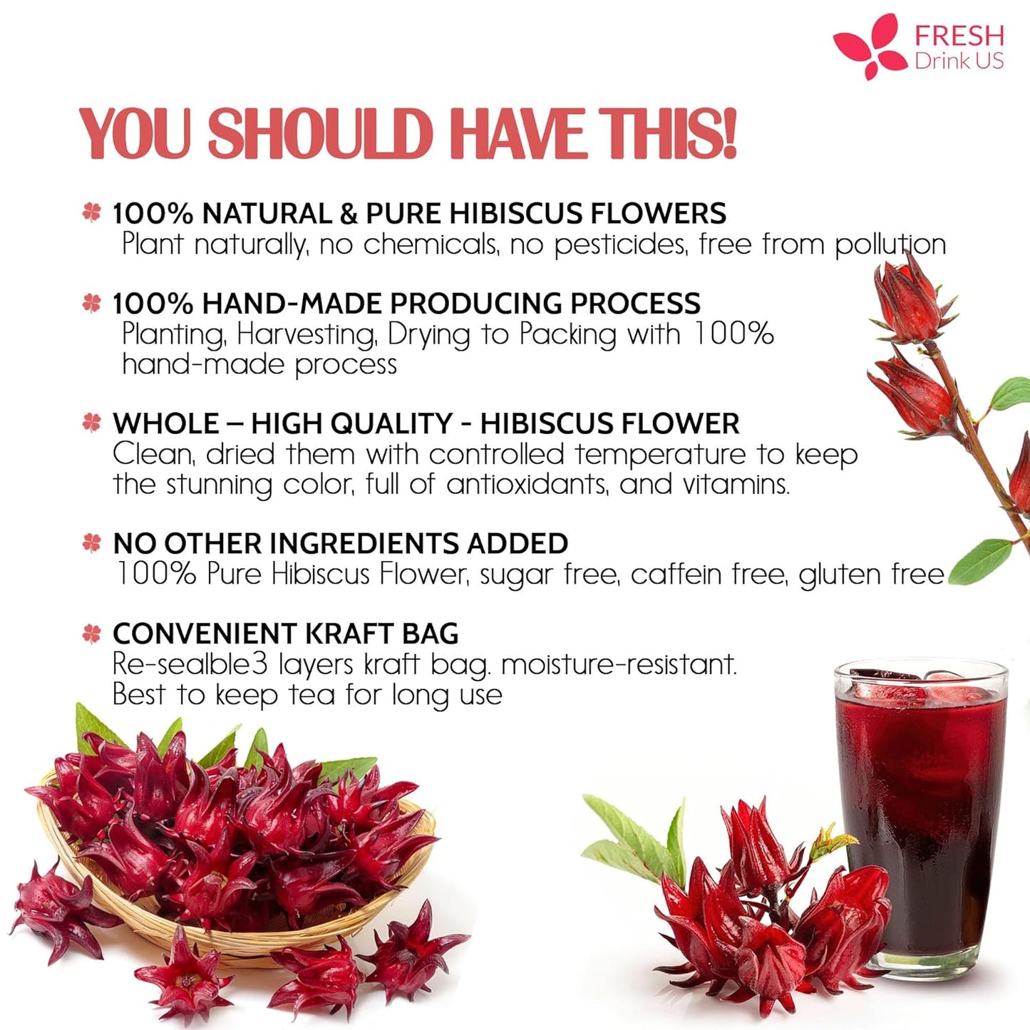 Hibiscus Dried Flowers, Tea Bags, 100% Natural, Pure from Hibiscus Flowers. Loose Flower Hibiscus Herbal Tea. Hibiscus Flower Tea. No Sugar, No Caffeine, No Gluten, Vegan.
