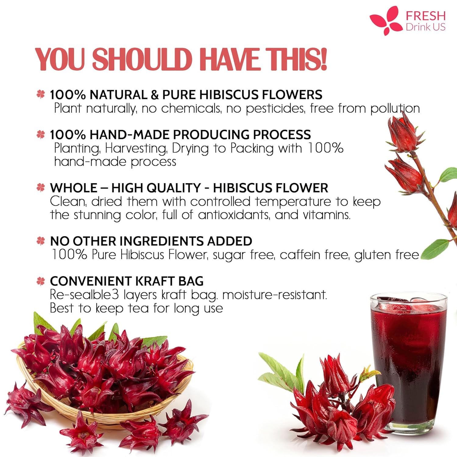 Hibiscus Dried Flowers, Tea Bags, 100% Natural, Pure from Hibiscus Flowers. Loose Flower Hibiscus Herbal Tea. Hibiscus Flower Tea. No Sugar, No Caffeine, No Gluten, Vegan.
