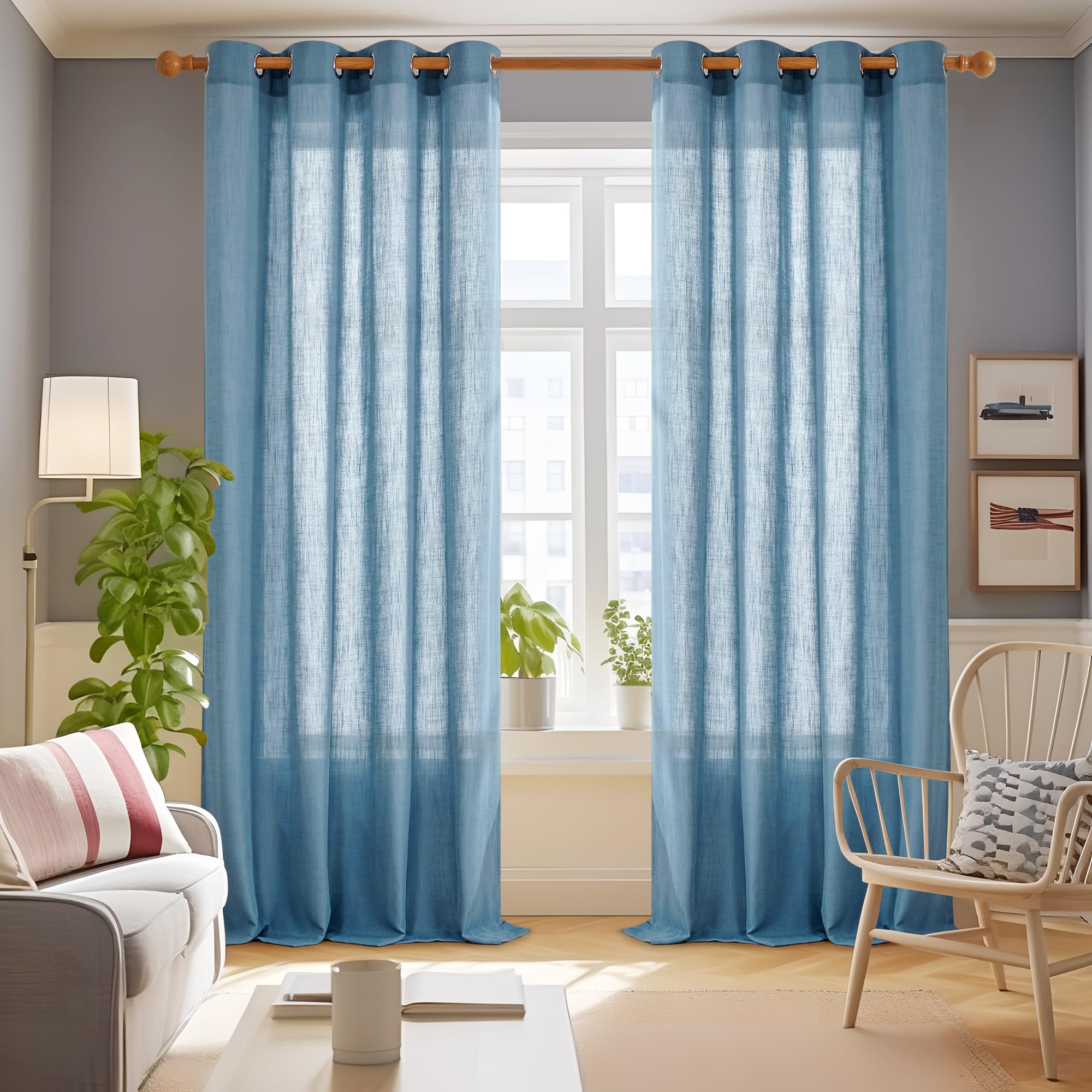 Linen Look Boho Semi-Sheer Curtains, 52x63 Inch, 2 Panels