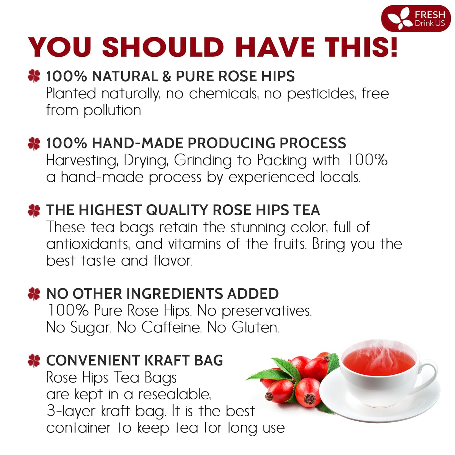 Premium Rosehip Tea Bags, 100% Natural & Pure from Rose Hip Fruits.