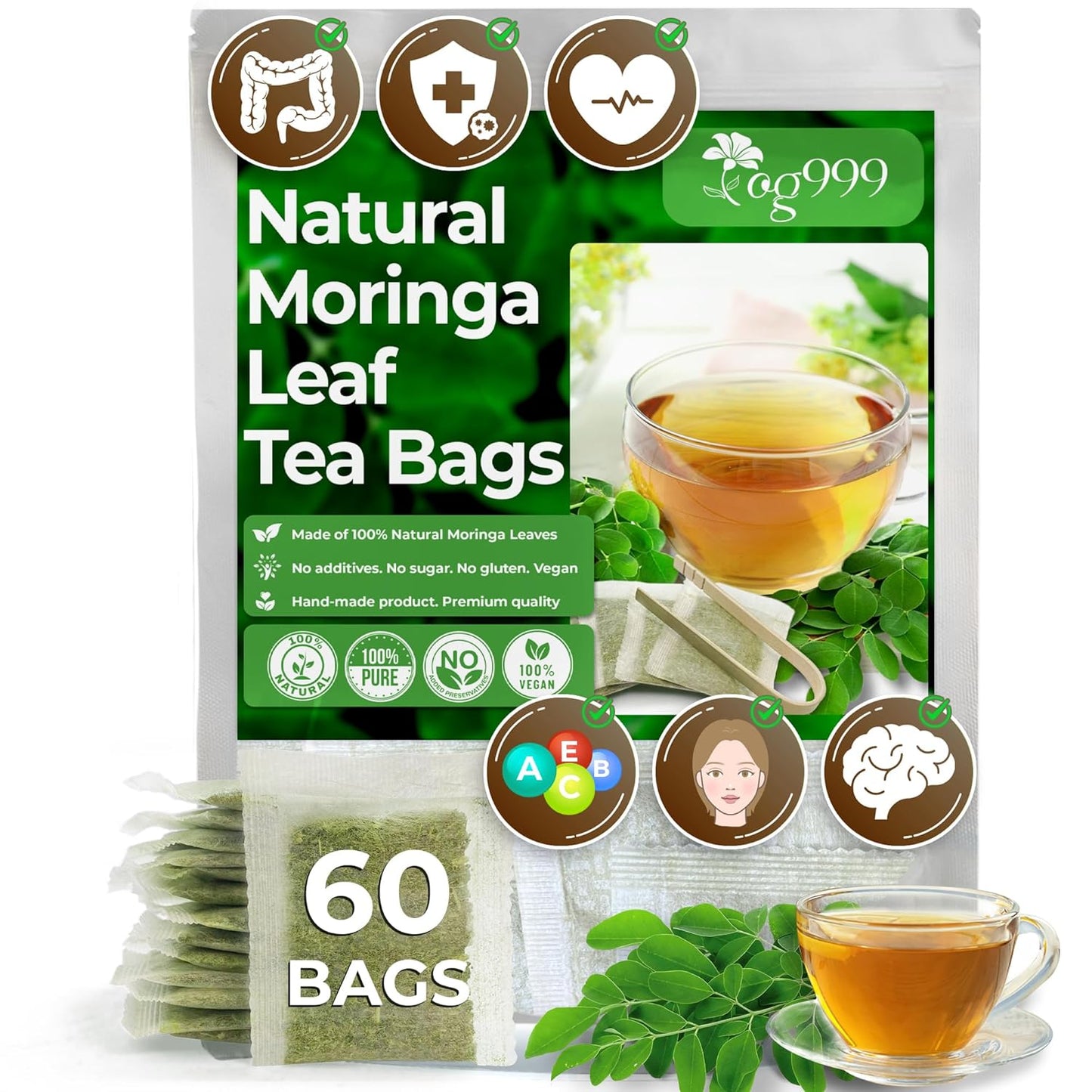 Moringa Leaf Tea Bags, 100% Natural & Pure from Moringa Leaves. Loose Leaf Moringa Herbal Tea. Moringa Leaf Tea. No Sugar, No Caffeine, No Gluten, Vegan