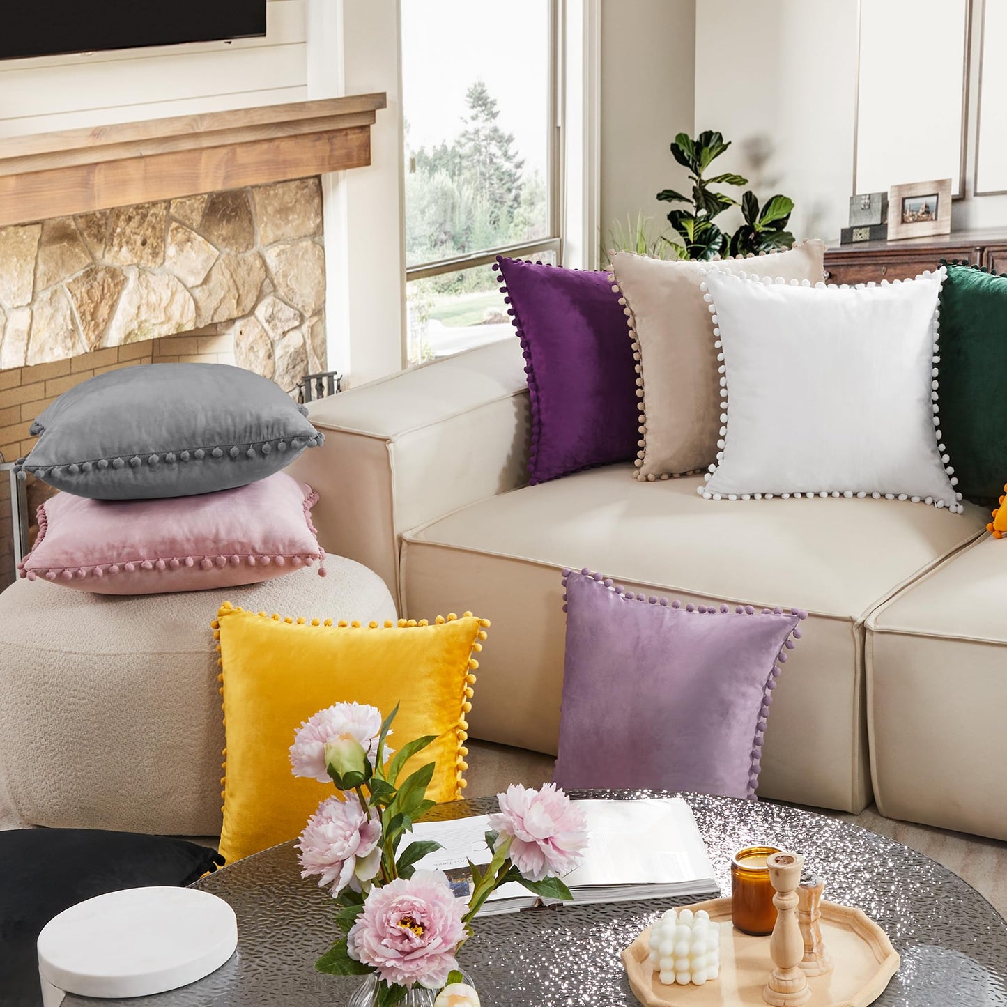 Velvet Throw Pillow Covers with Pom-Poms, 26x26 Inch