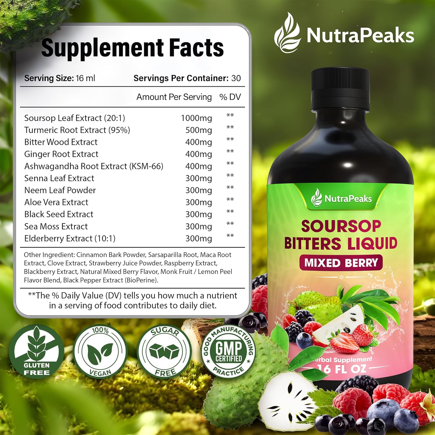 Soursop Bitters Liquid – Herbal Detox Formula with Soursop, Ginger, Turmeric & Black Seed Mixed Berry Flavor
