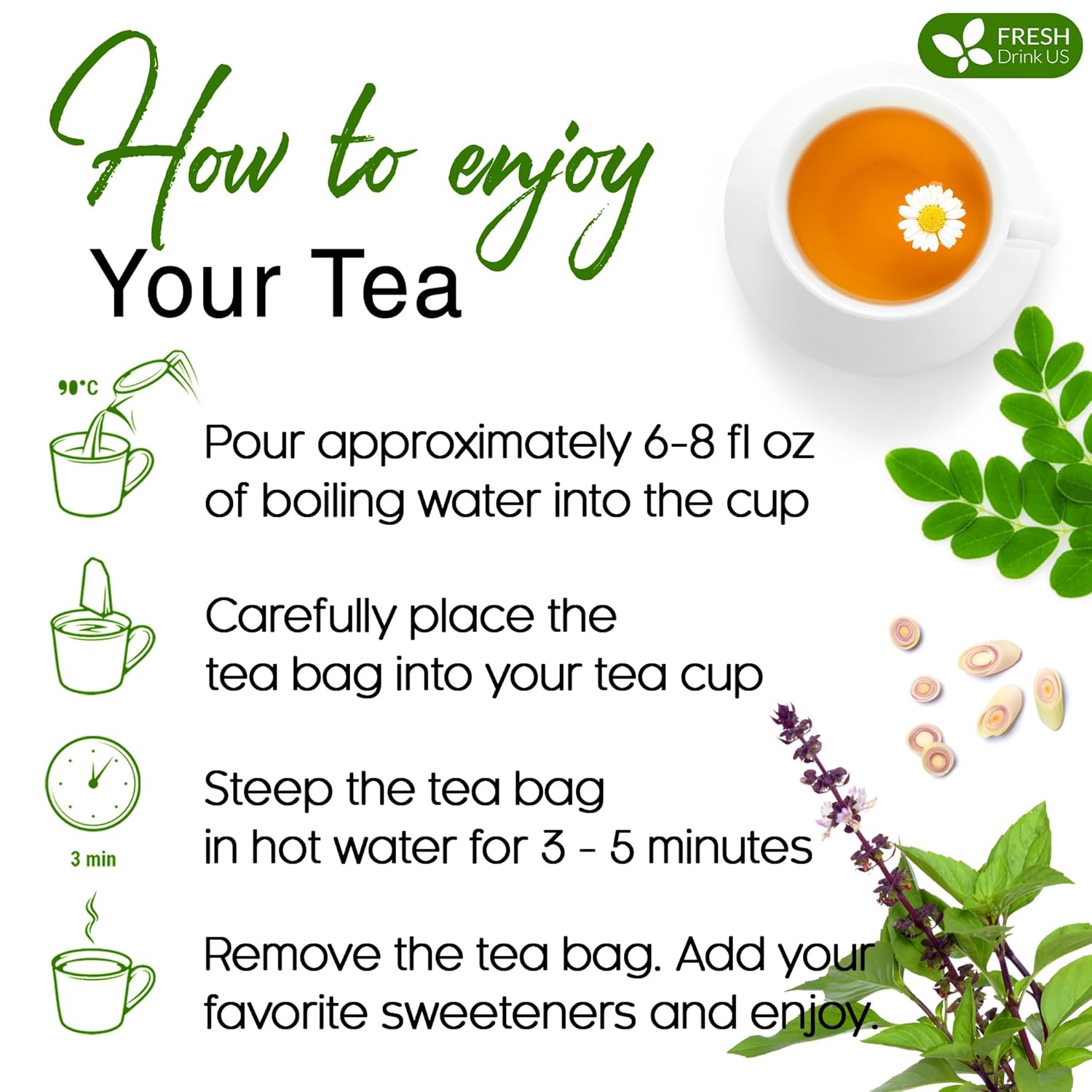 Premium Tulsi Moringa Lemongrass  Tea Bags, 100% Natural & Pure from Tulsi Holy Basil Leaves, Moringa & Lemongrass.