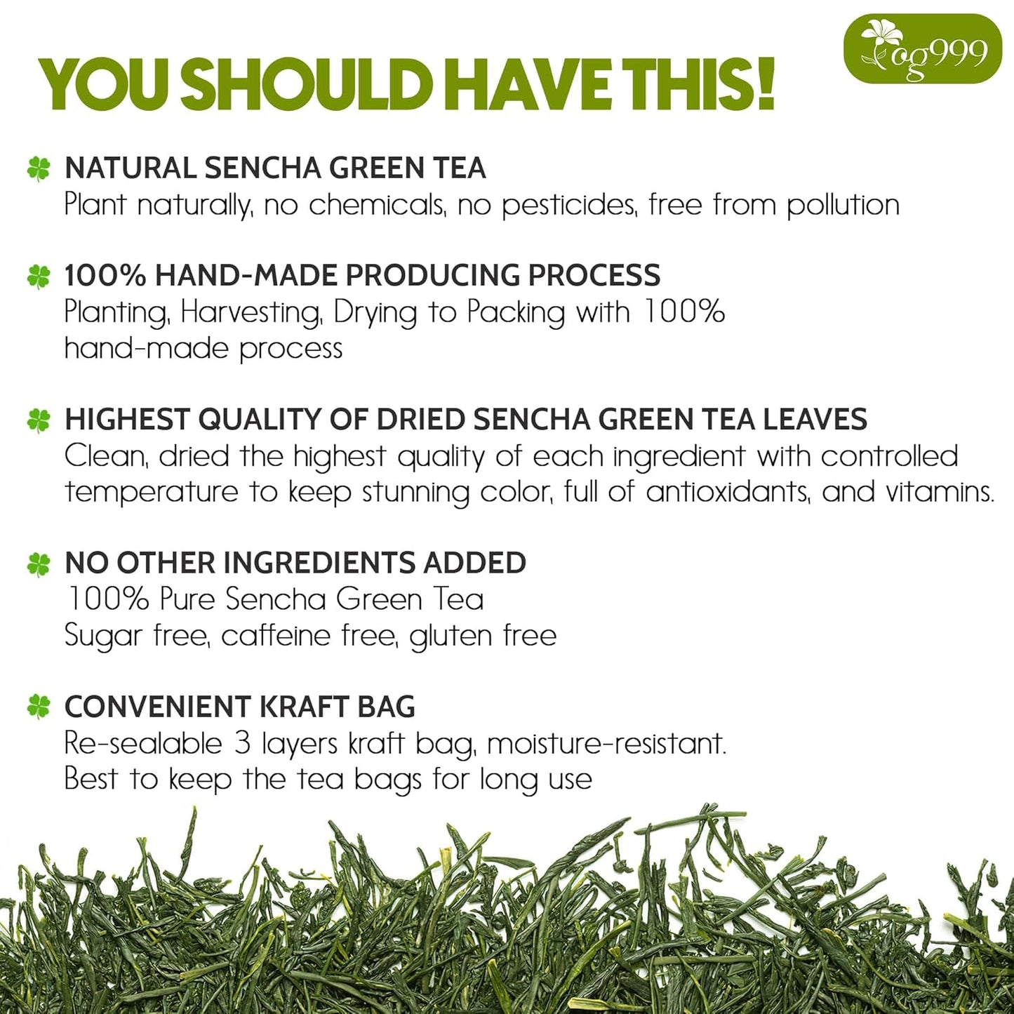 Premium Sencha Green Tea Bags, 100% Natural & Pure from Sencha Green Tea Leaves