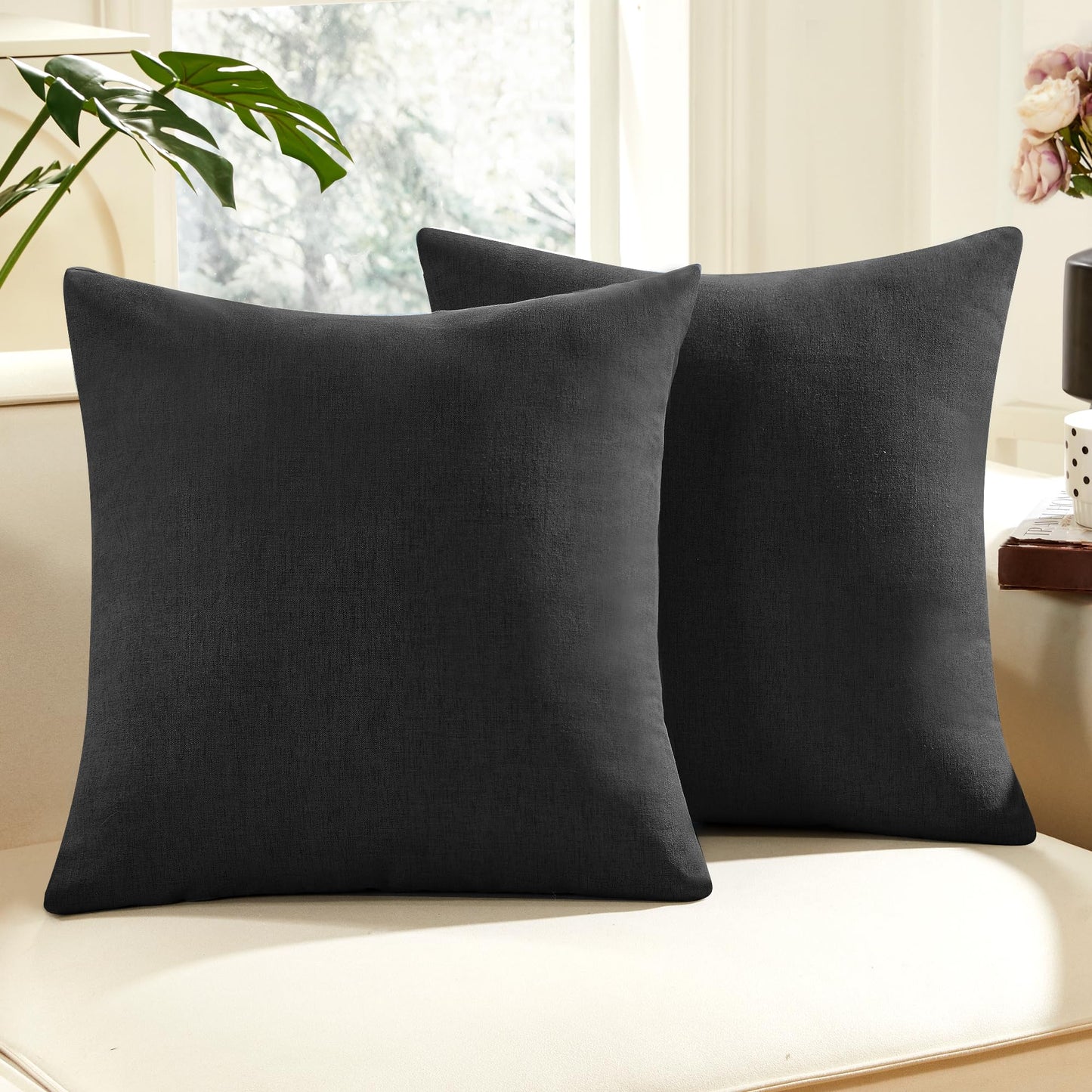 Faux Linen Pillow Covers, 16x16 Inch, Creamy White, 2PCS