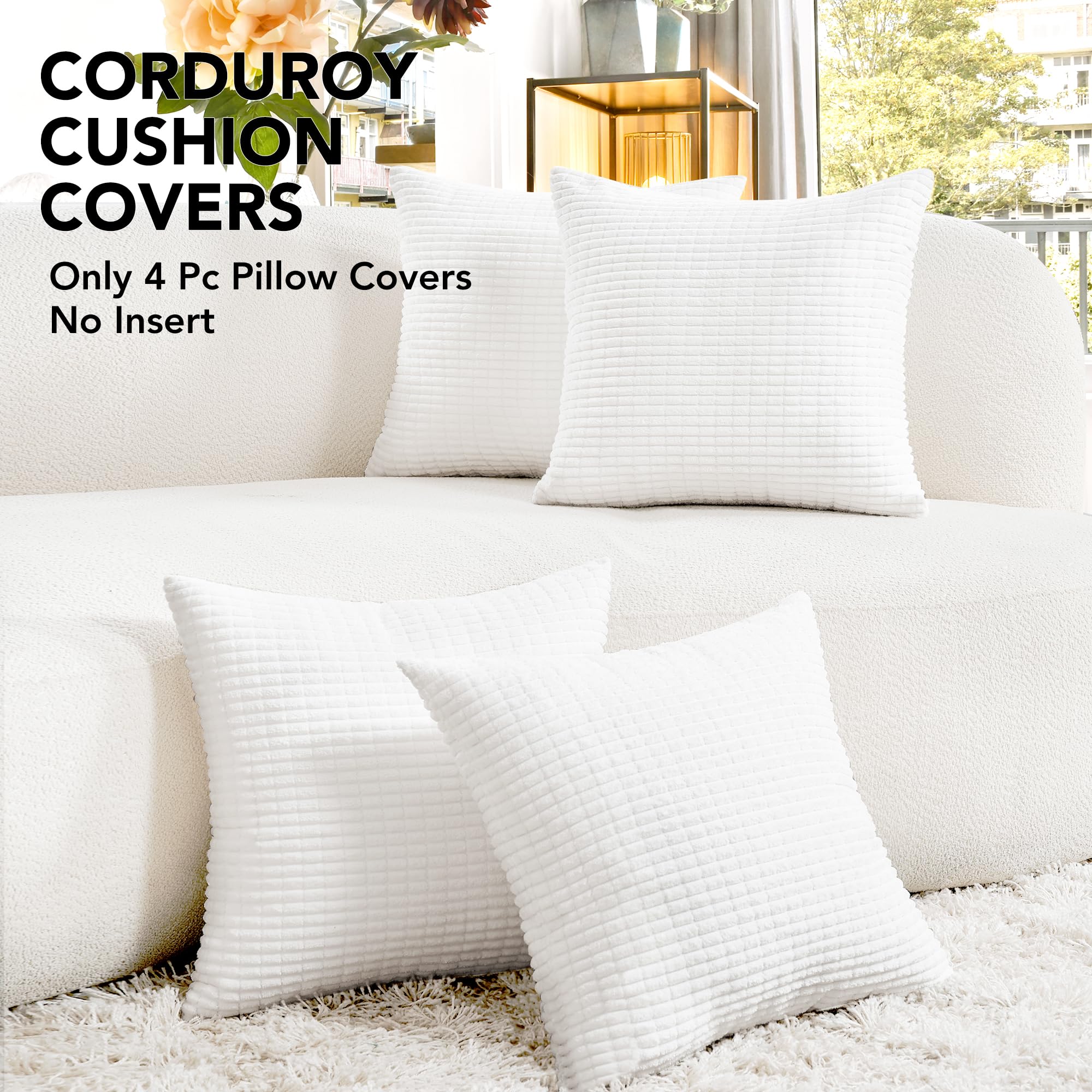 Corduroy Throw Pillow Covers, Cream White, 4PCS