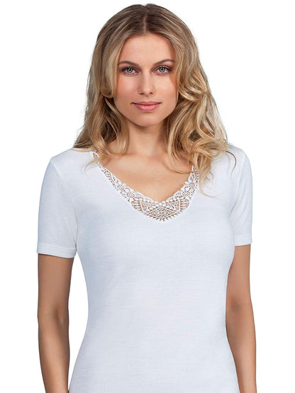 MaRe Premium Quality Cotton Wool Blend Women's T-Shirt with Macramé Lace. Proudly Made in Italy.