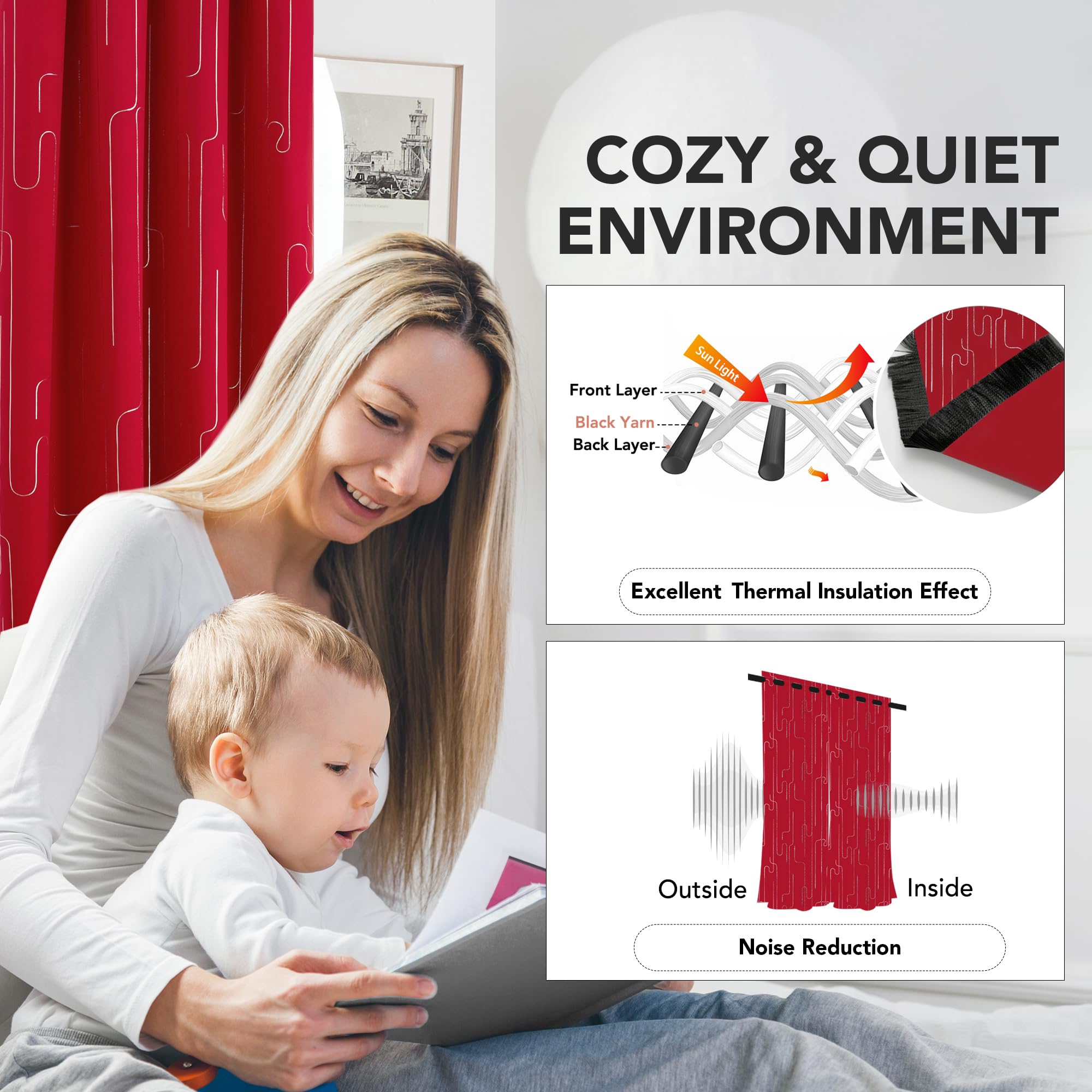 Room Darkening Curtains with Line Foil Print, Navy Blue, 2 Panels