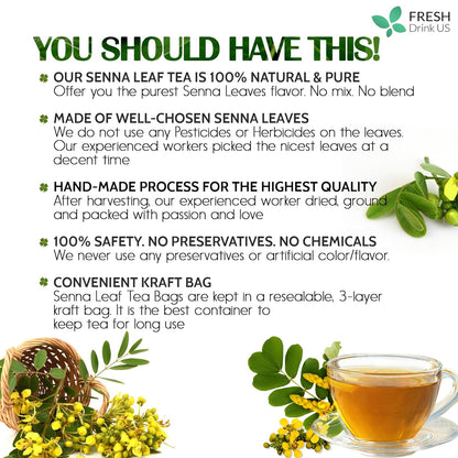 Premium Senna Leaf Tea Bags, 100% Natural & Pure from Senna Leaves. Loose Leaf Senna Herbal Tea, Made with Natural Material Tea Bags, Senna Leaf Tea. No Sugar, No Caffeine, No Gluten, Vegan.