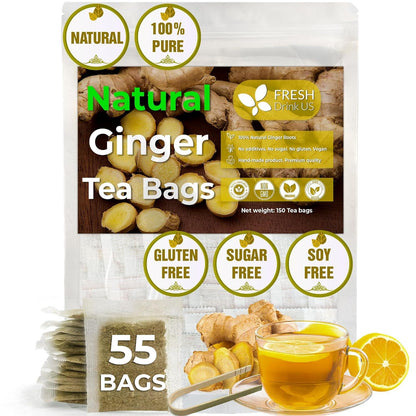 Premium Ginger Tea Bags, 100% Natural & Pure from Ginger Roots, Ginger Tea, Ginger Herbal Tea. Ginger Tea. No Sugar, No Caffeine, No Gluten, Vegan.