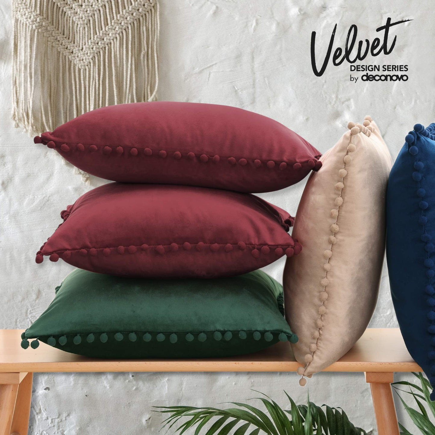 Velvet Throw Pillow Covers with Pom-Poms, 26x26 Inch