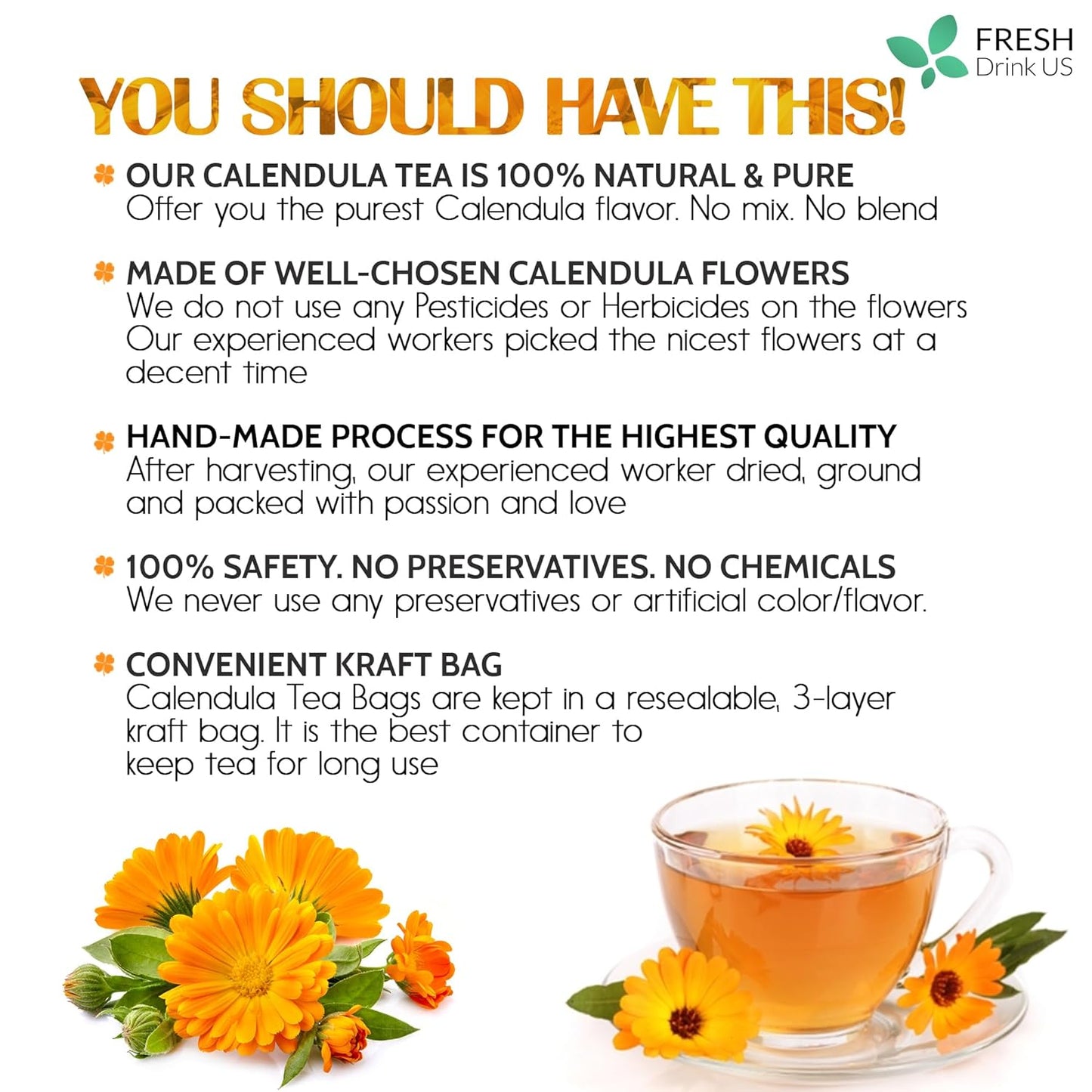 Calendula Tea Bags, 100% Natural and Pure Calendula Flowers, Eco-conscious Tea Bags. Calendula Flower Herbal Tea. No Sugar, No Caffeine, No Gluten, Vegan.