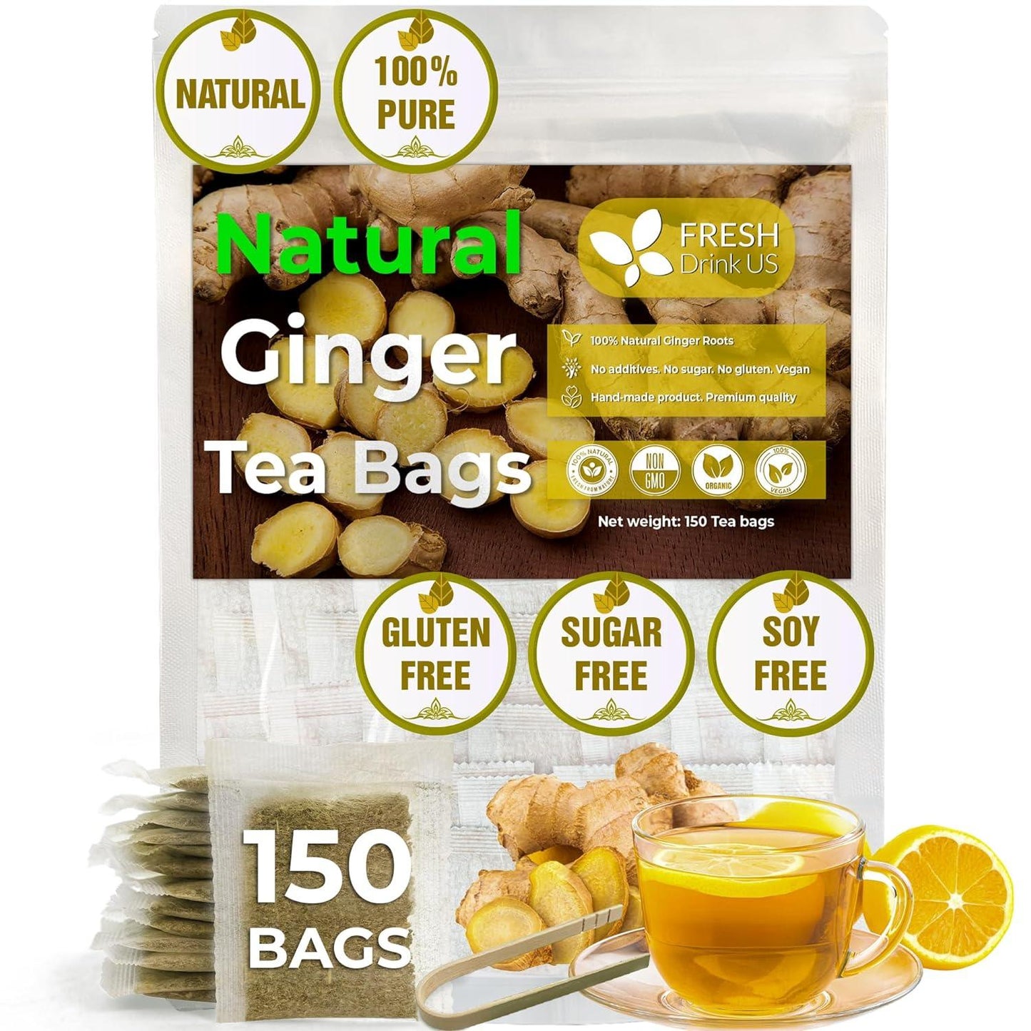 Premium Ginger Tea Bags, 100% Natural & Pure from Ginger Roots, Ginger Tea, Ginger Herbal Tea. Ginger Tea. No Sugar, No Caffeine, No Gluten, Vegan.