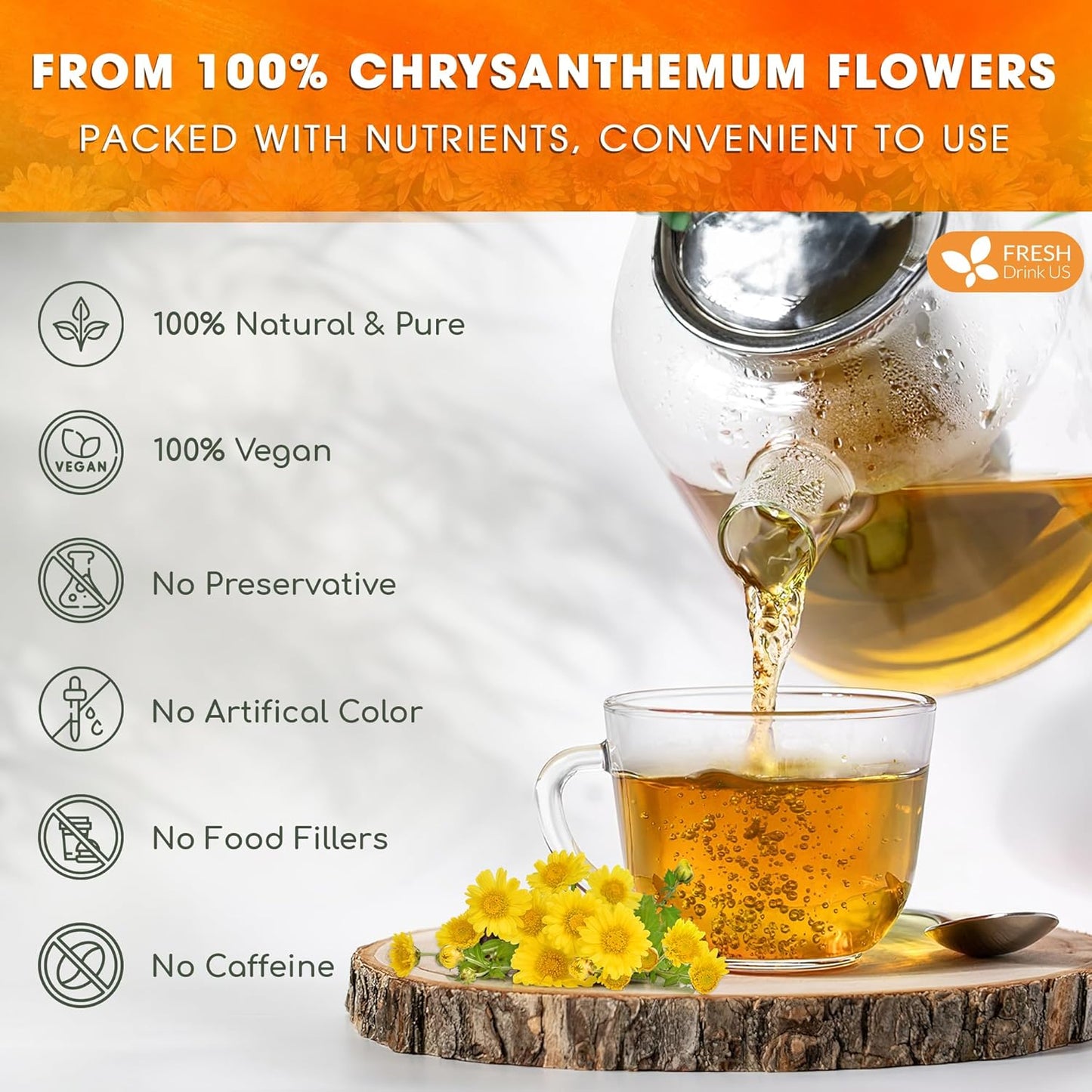 Premium Chrysanthemum Flower Tea Bags. Chrysanthemum Flower Herbal Tea. No Sugar, No Caffeine, No Gluten, Vegan.