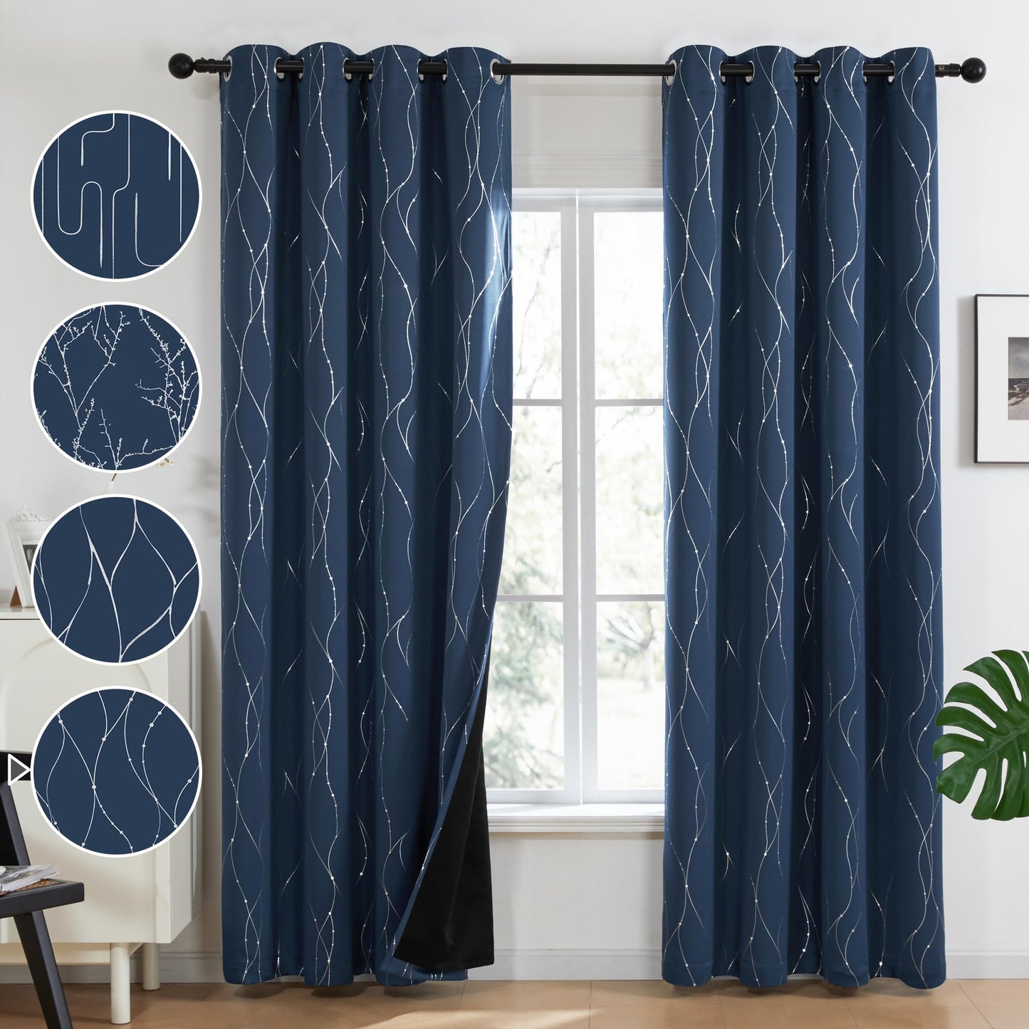 Total Blackout Curtains with Silver Print, 2 Panels