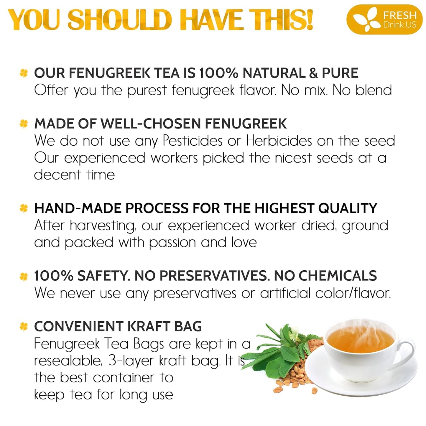 Premium Fenugreek Tea Bags. No Sugar, No Caffeine, No Gluten, Vegan. (30 Tea Bags)